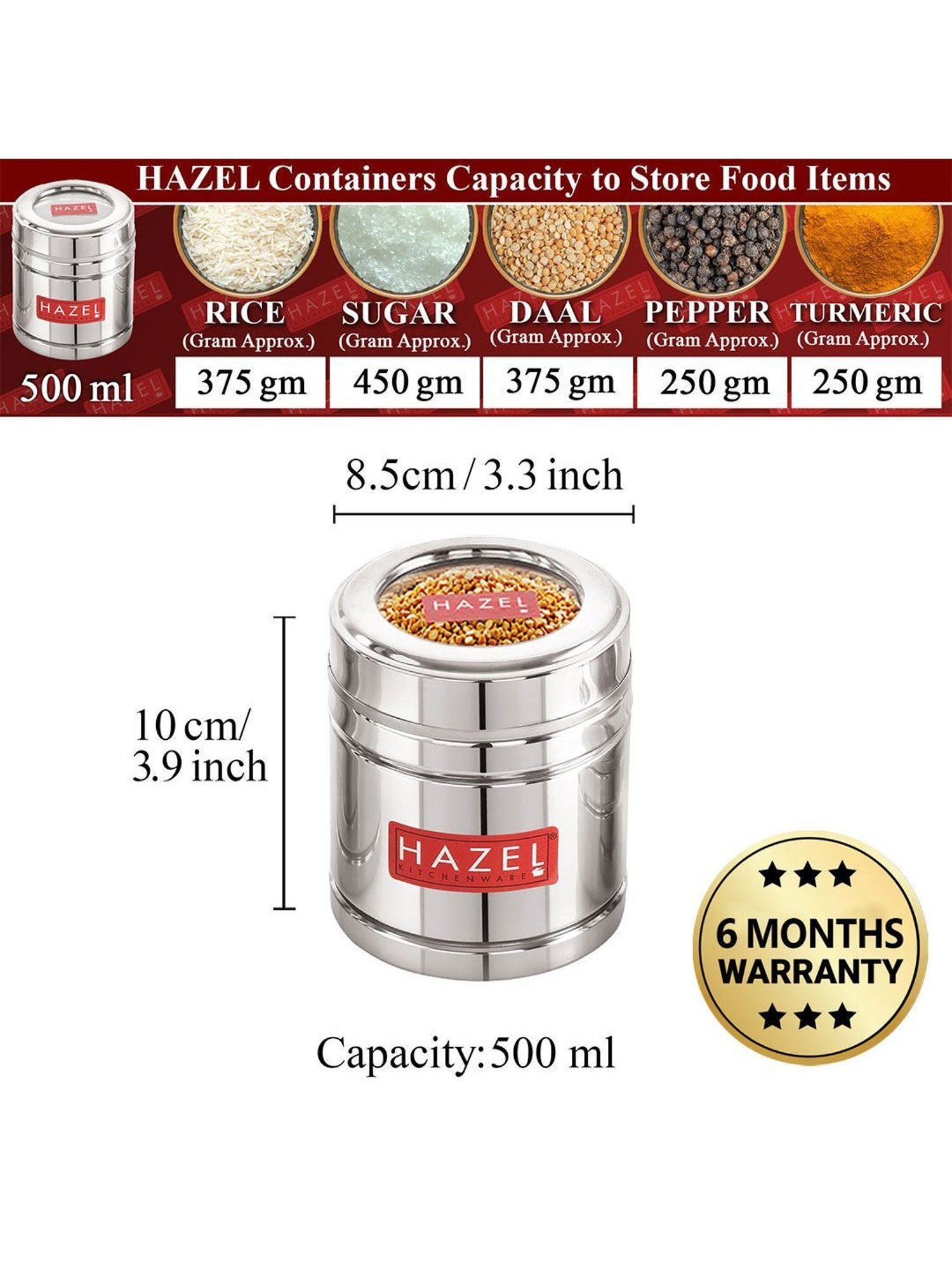 HAZEL Silver Stainless Steel Container with Transparent Lid - Set of 6 (0.5L)