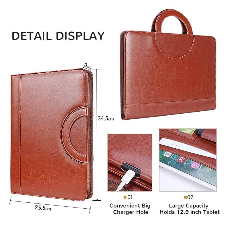 Zippered Leather Padfolio Portfolio with Hidden Handle and Clipboard Business Conference Portfolio Organizer Notepad Folder Portfolio Bag Portfolio Padfolio for WomenMen Brown