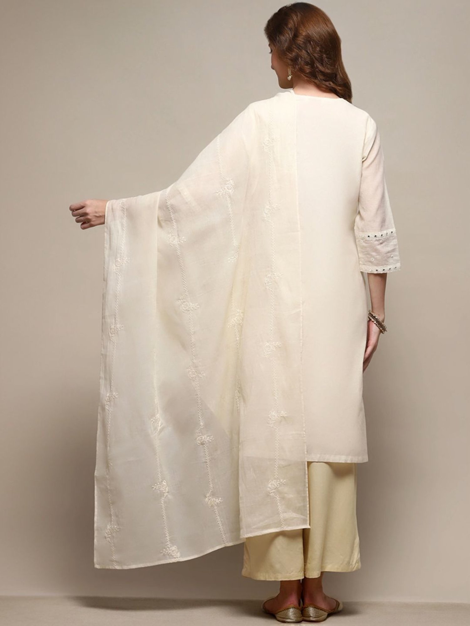 Biba White Cotton Embroidered Dupatta