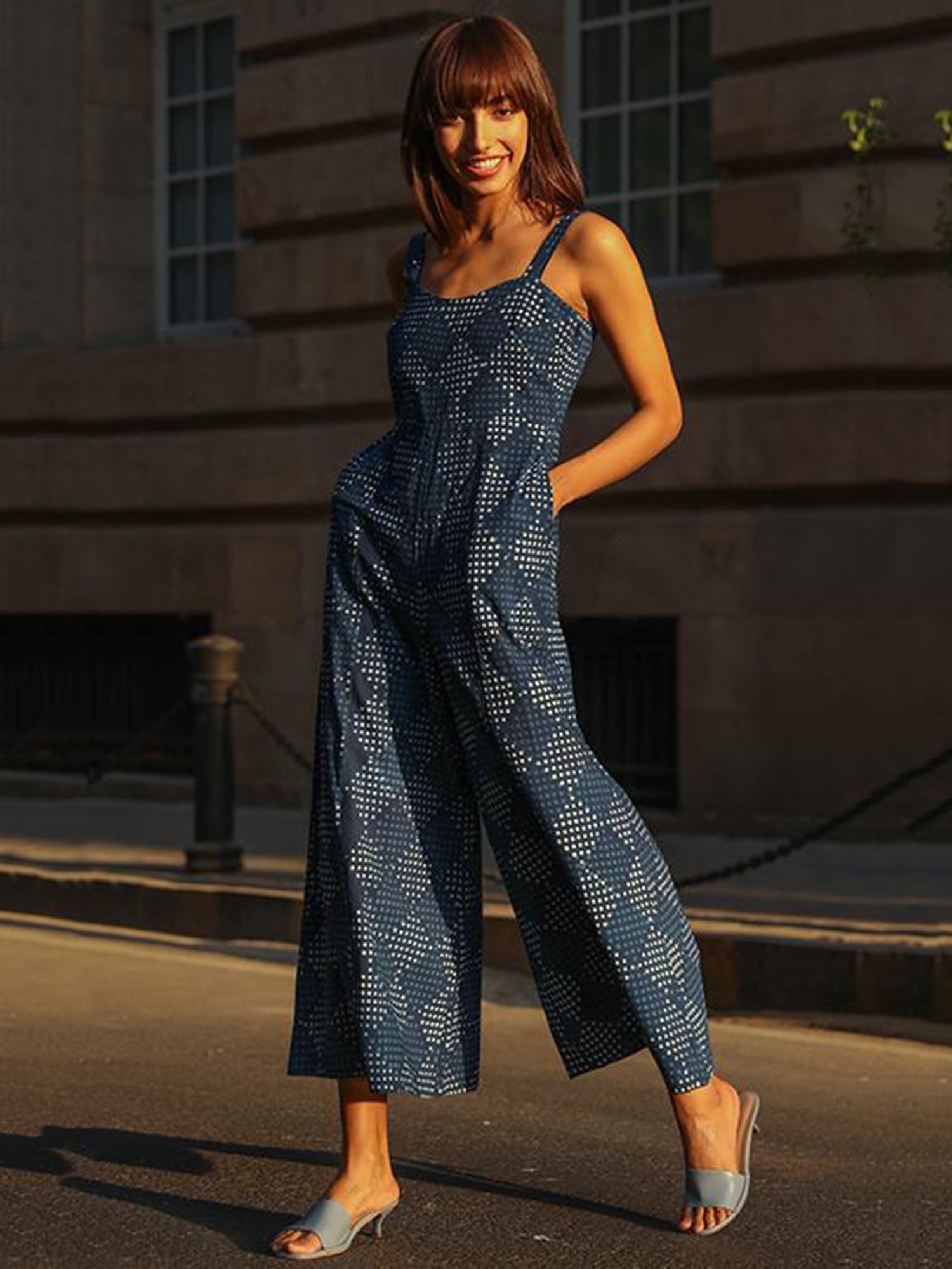 Okhai Navy Sweet Heart Neck Cotton Jumpsuit