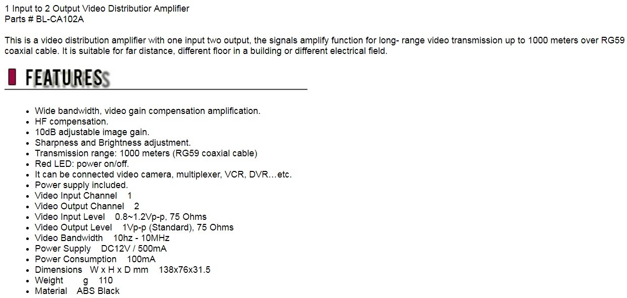 CCTV  Camera 1 Input to 2 Output Video Distributior Amplifier ( Analog TV Lines Cameras Only )