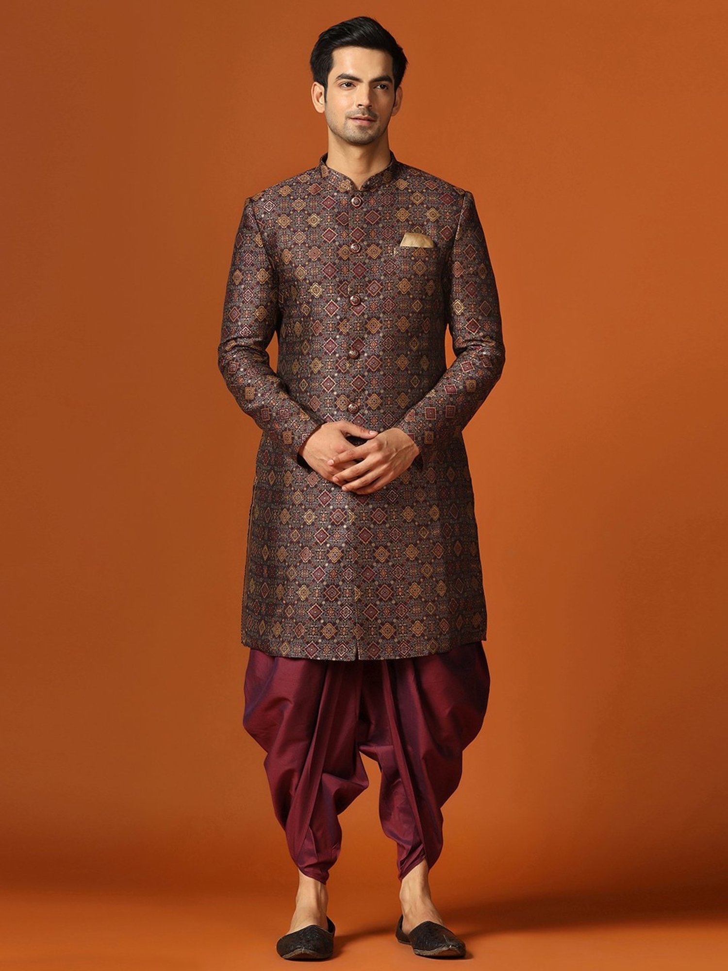 KISAH Maroon Regular Fit Self Pattern Sherwani Set