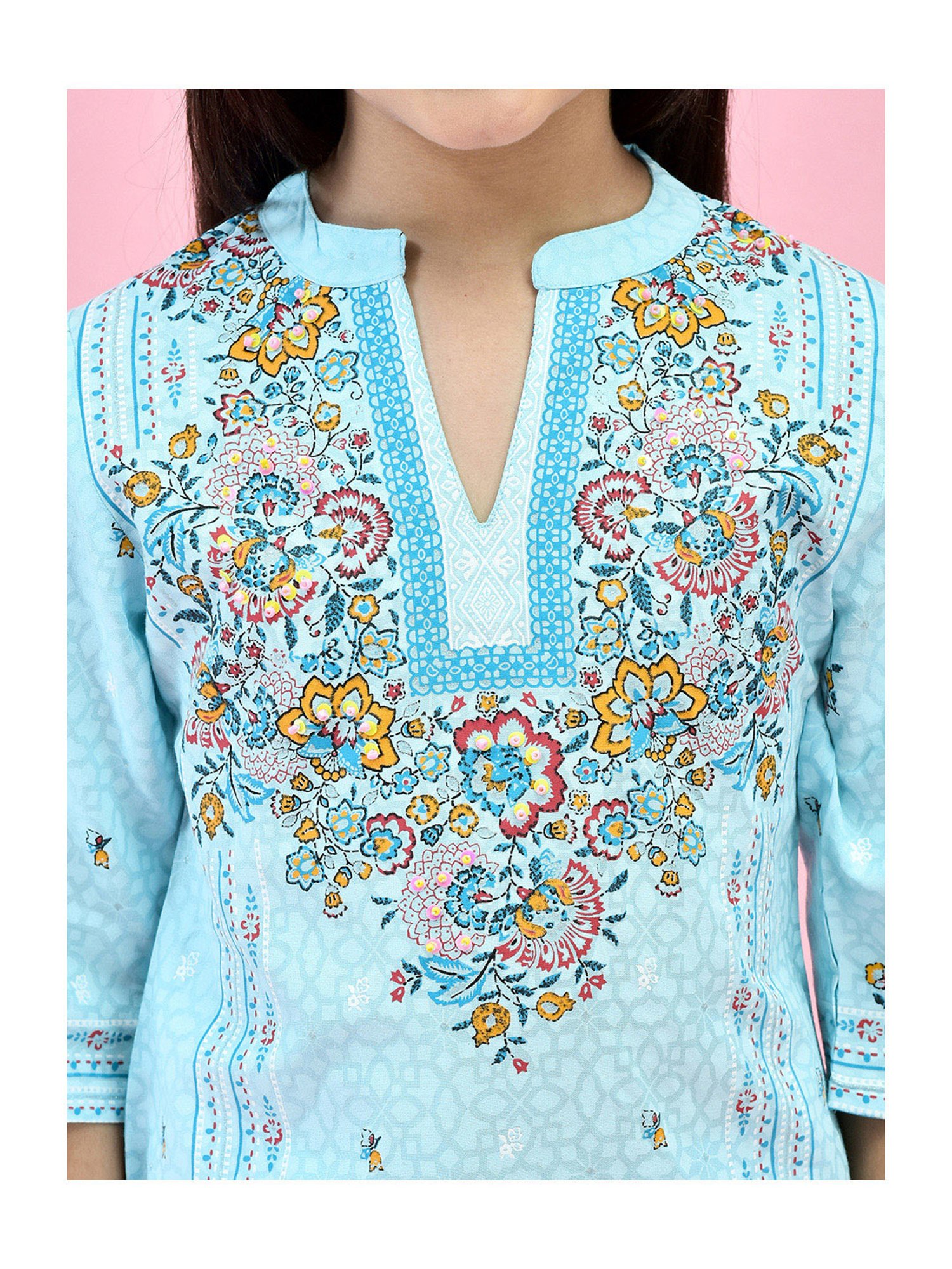Juniper Girls Blue Floral Print Kurta With Pants