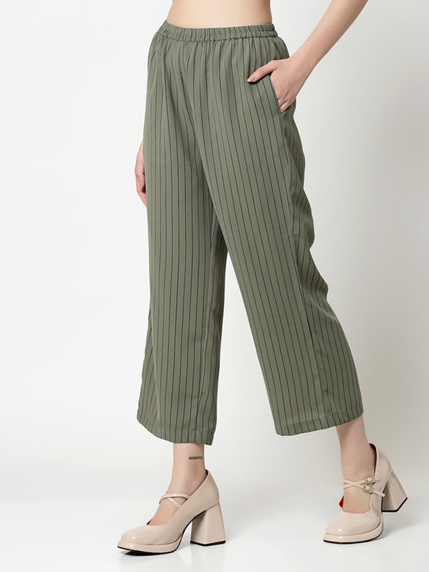 Office & You Olive Striped Regular Fit Mid Rise Trousers