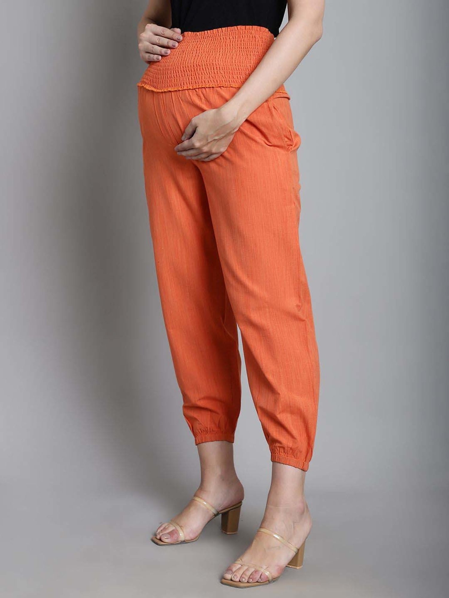 Moms Maternity Orange Cotton High Rise Maternity Joggers