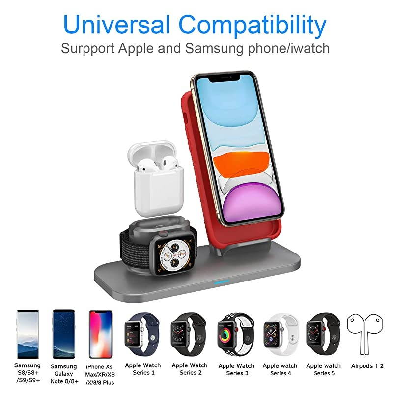 Wireless Charger 3 in 1 Wireless Charger Station for AirPods 21 and iWatches 54321 Qi Fast Wireless Charger Compatible with iPhone1111Pro MaxXRXS MaxXSXBuiltin iWatch Charger
