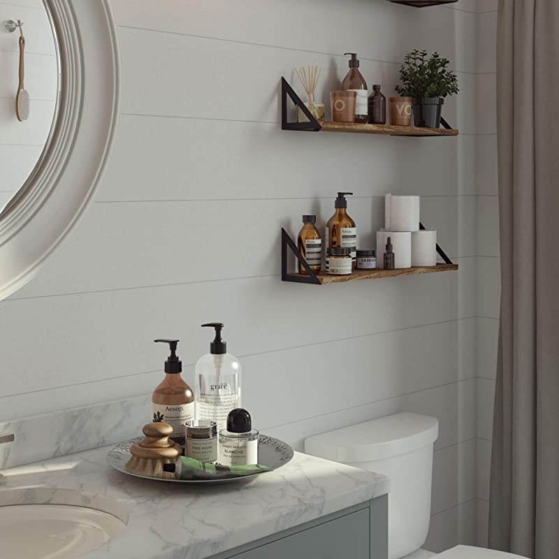 Minori Floating Shelves Set of 2 Small Bookshelf Unit for Bedroom Office and Living Room Natural Burned Rustic Wood Wall Decor with Metal Floating Shelf Bracket