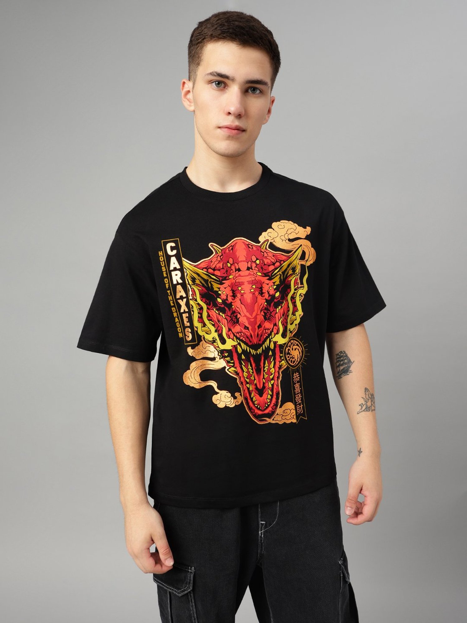 Free Authority Black Loose Fit House Of Dragon Print T-Shirt