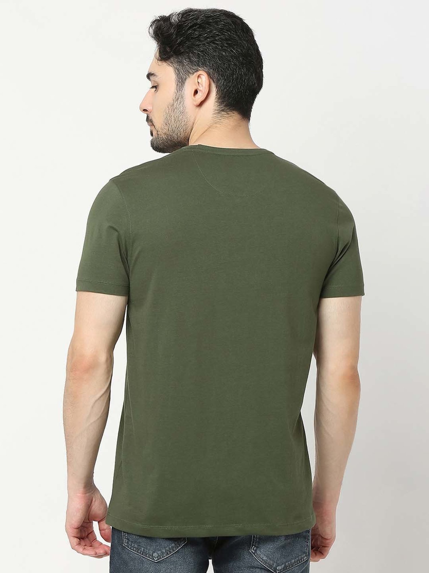 UnderJeans by Spykar Olive Regular Fit Self Design Cotton Crew T-Shirt