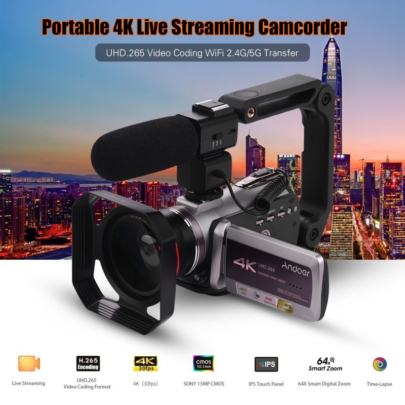 Andoer HDV-AZ50 Portable Real 4K 30FPS WiFi Digital Video Camera Camcorder 3.1 Inch IPS Touchscreen 64X Digital Zoom IR Night Vision Camcorder with Camera Battery 0.39X Super Wide Angle Lens CM-520