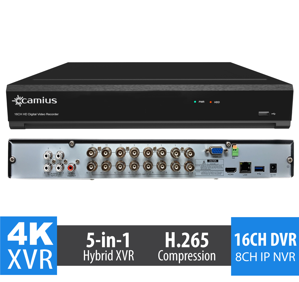 Camius 4K 16 Channel Hybrid DVR  without HDD  - works with CVBS, AHD CVI, TVI BNC analog cameras + 8CH IP, 4K HDMI, Mobile app, PC, Mac software,  view  - TRIVAULT4K2168 (ONLY  DVR)