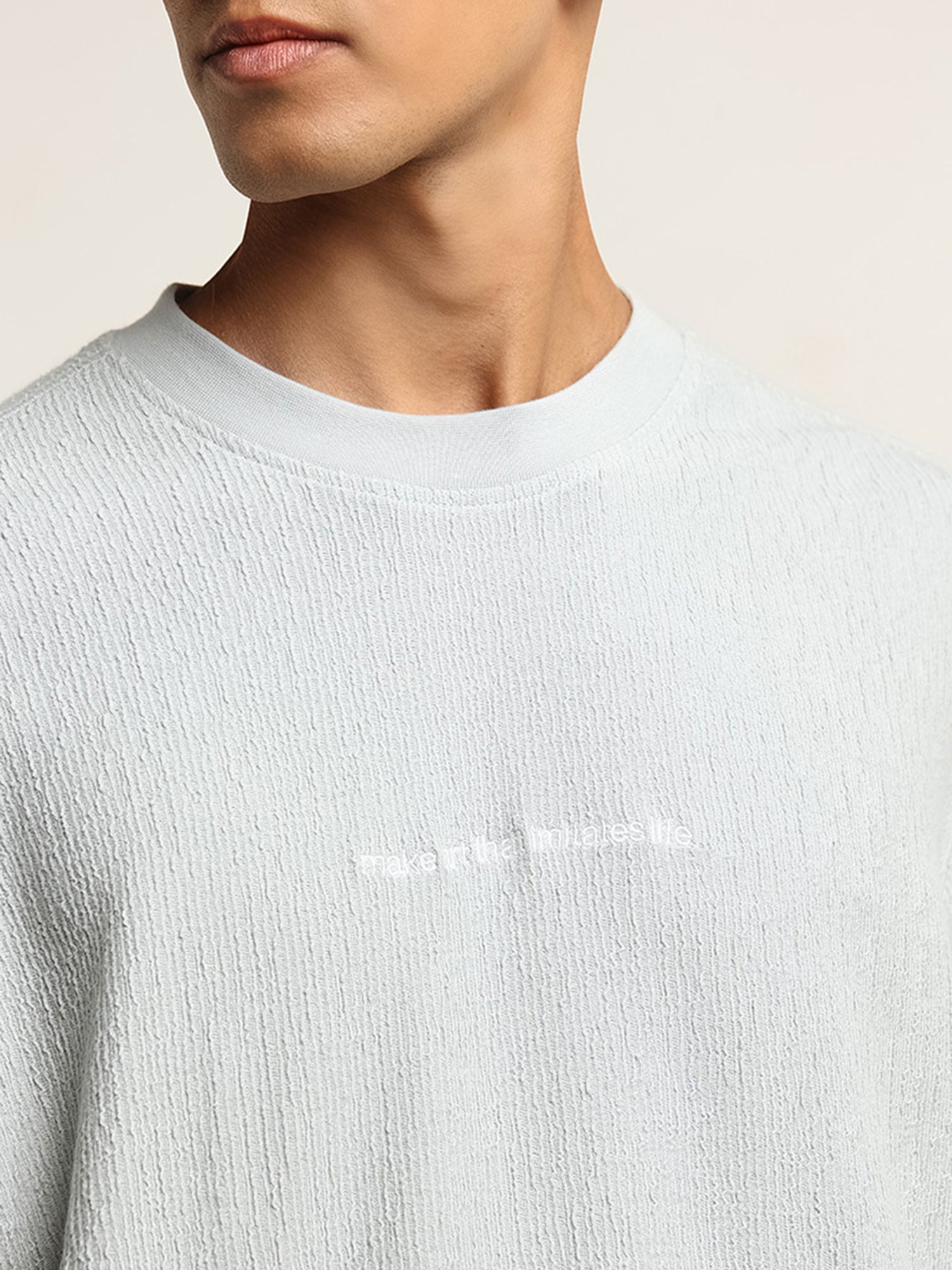 Nuon by Westside Light Teal Textured Relaxed-Fit Cotton T-Shirt