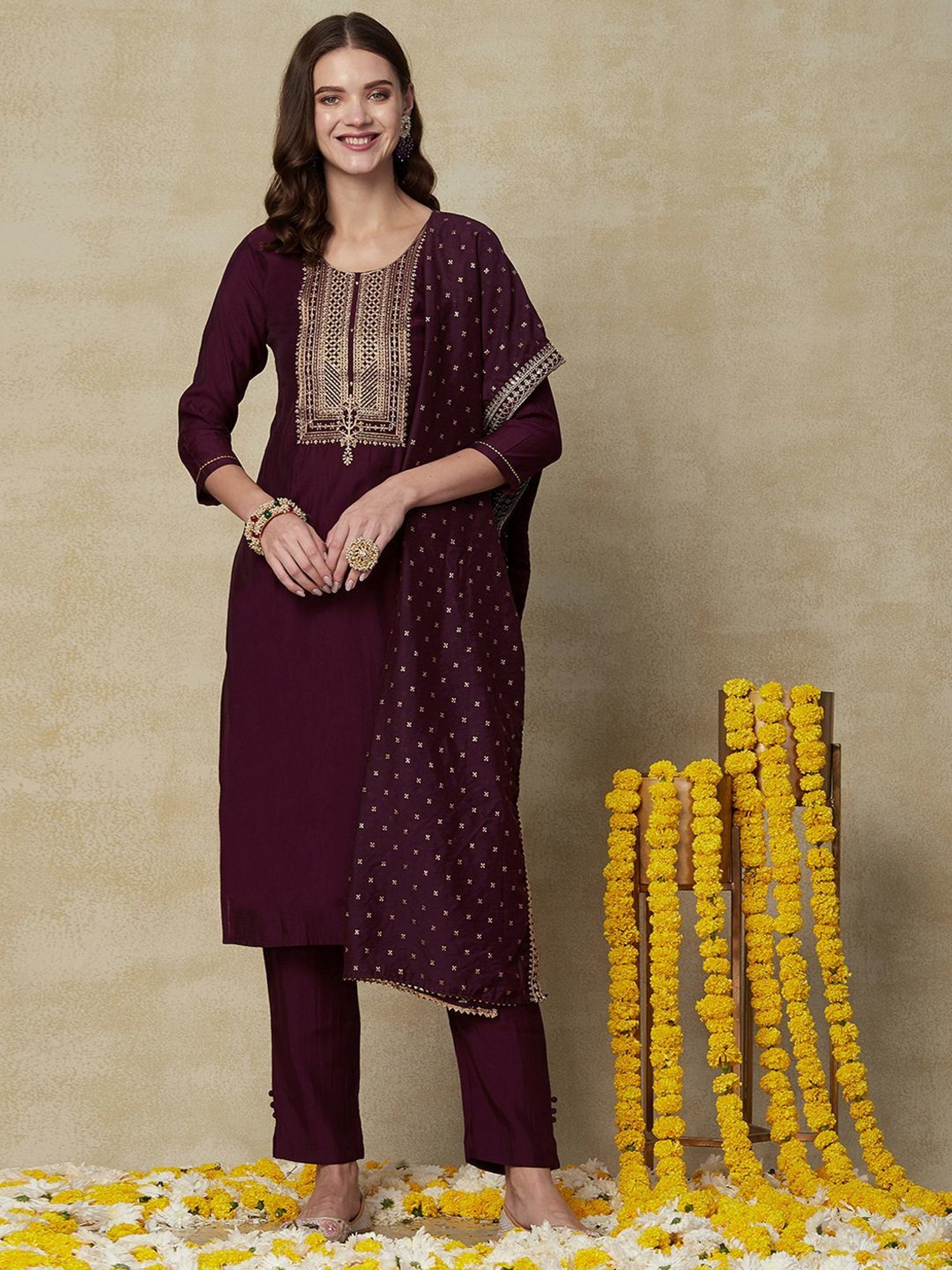 Fashor Wine Embroidered Kurta Pant Set With Dupatta