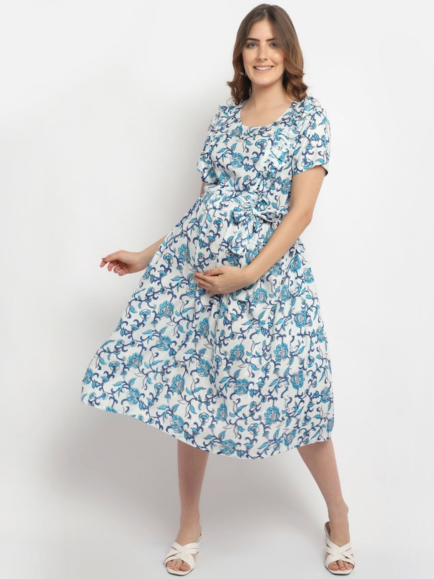 Moms Maternity Blue Printed Dress