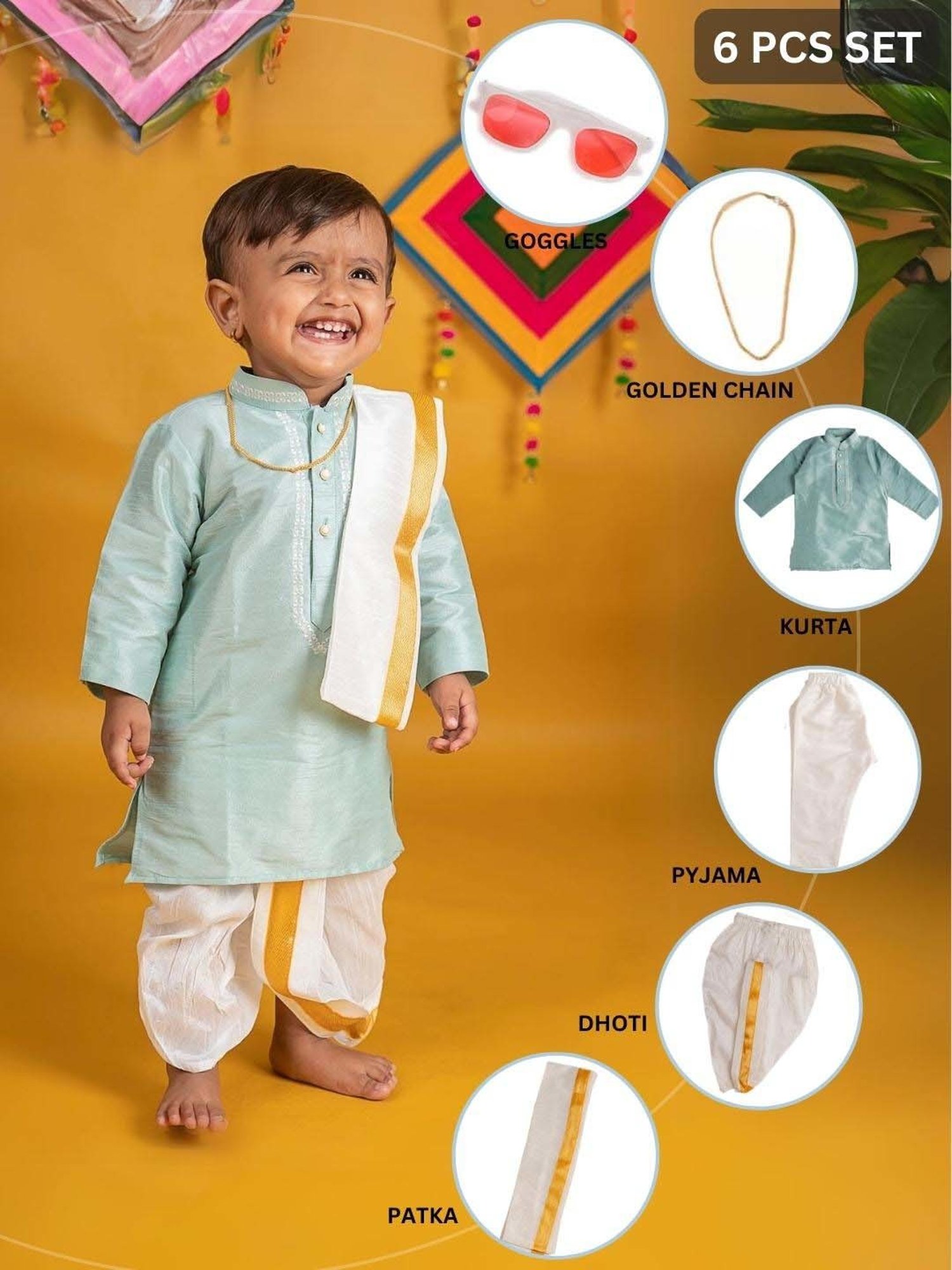Baby Moo Kids Mint Green & White Regular Fit Full Sleeves Kurta Set