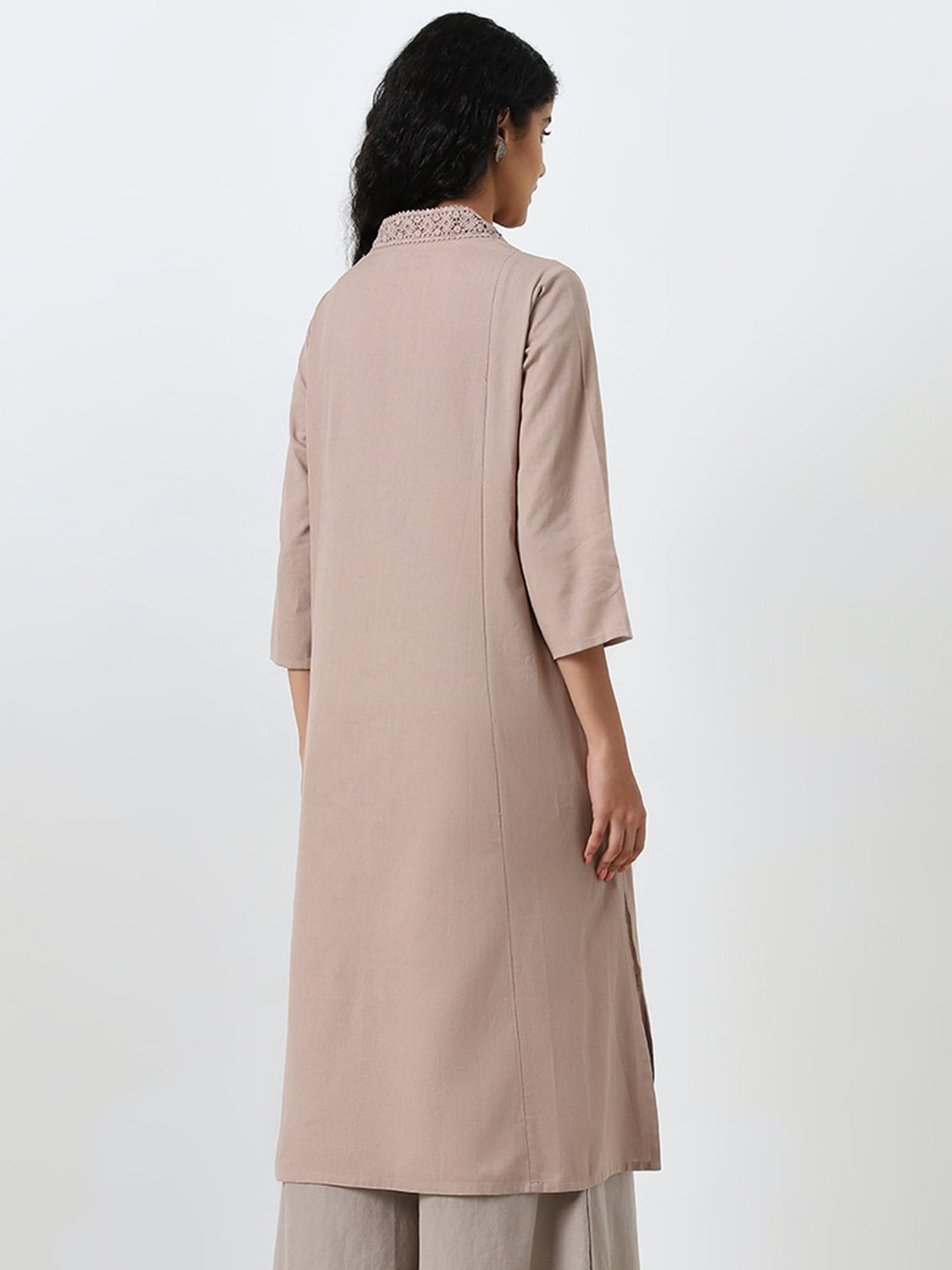 Utsa by Westside Dark Beige Embroidered A-Line Cotton Blend Kurta