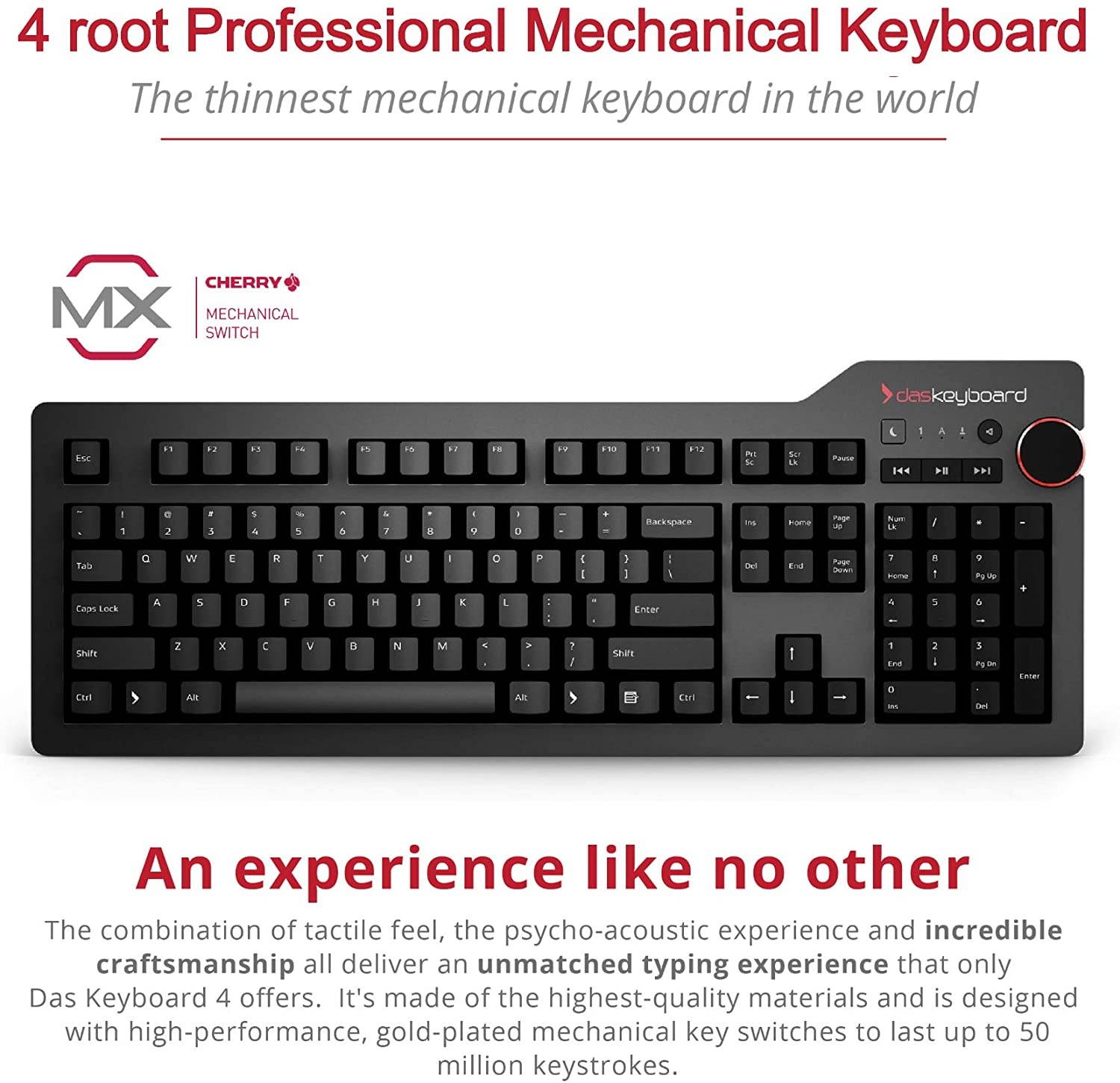 Das Keyboard 4 Root Mechanical Keyboard - High Performance Soft Tactile Feedback - Laser Etched Keycaps - Cherry MX Brown Switches - Oversized Volume Knob - Anodized Aluminum Top Panel - Full NKRO