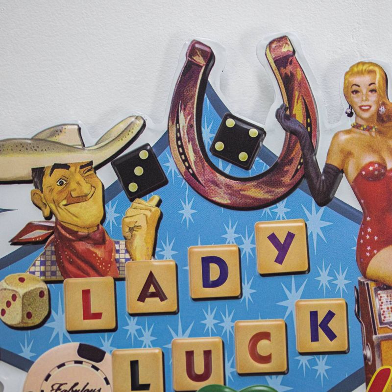 Las Vegas Lady Luck Embossed Metal Sign Sky Blue/Red - Crystal Art Gallery