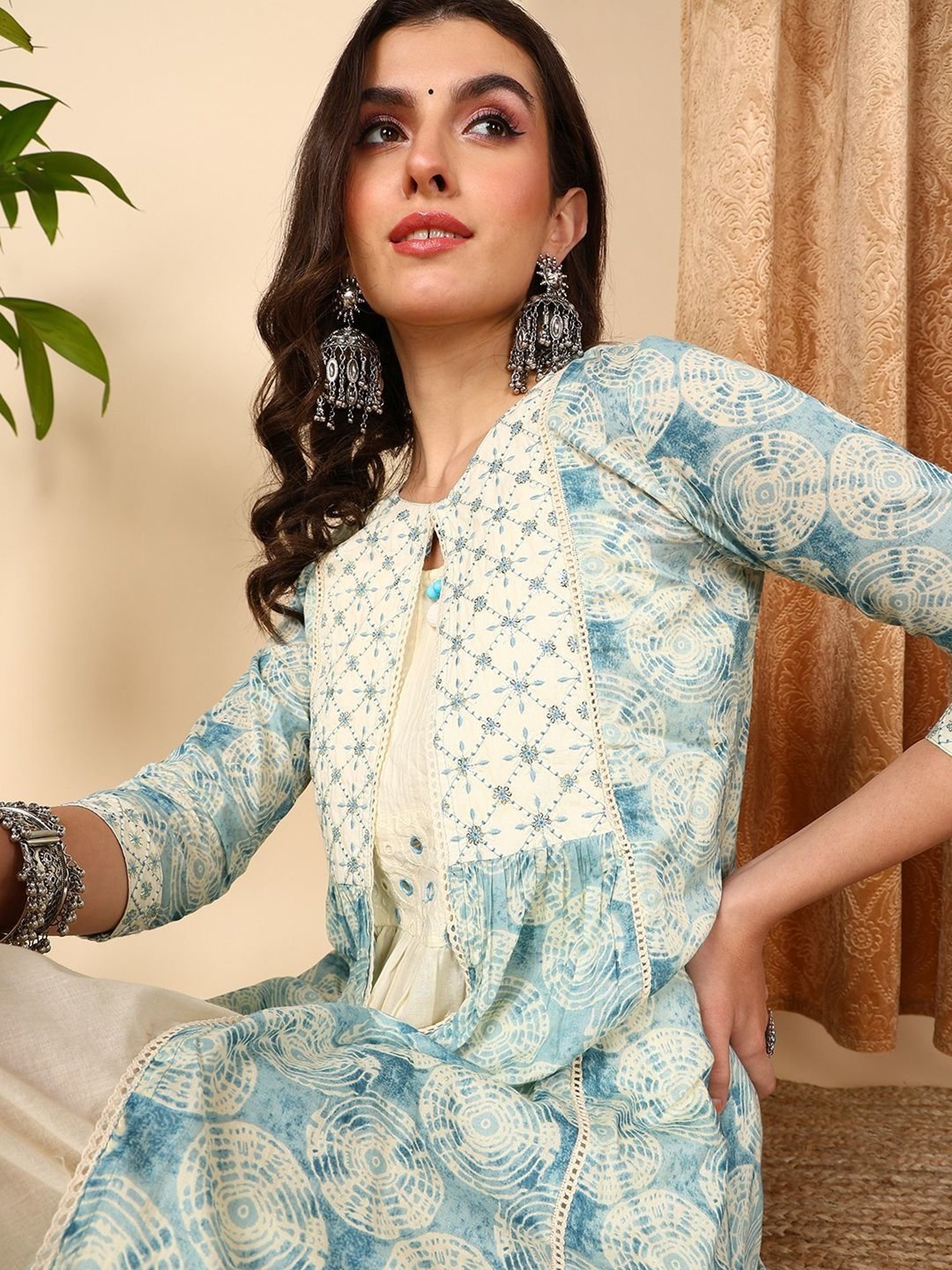 Vaamsi Blue Cotton Printed A-Line Dress With Jacket