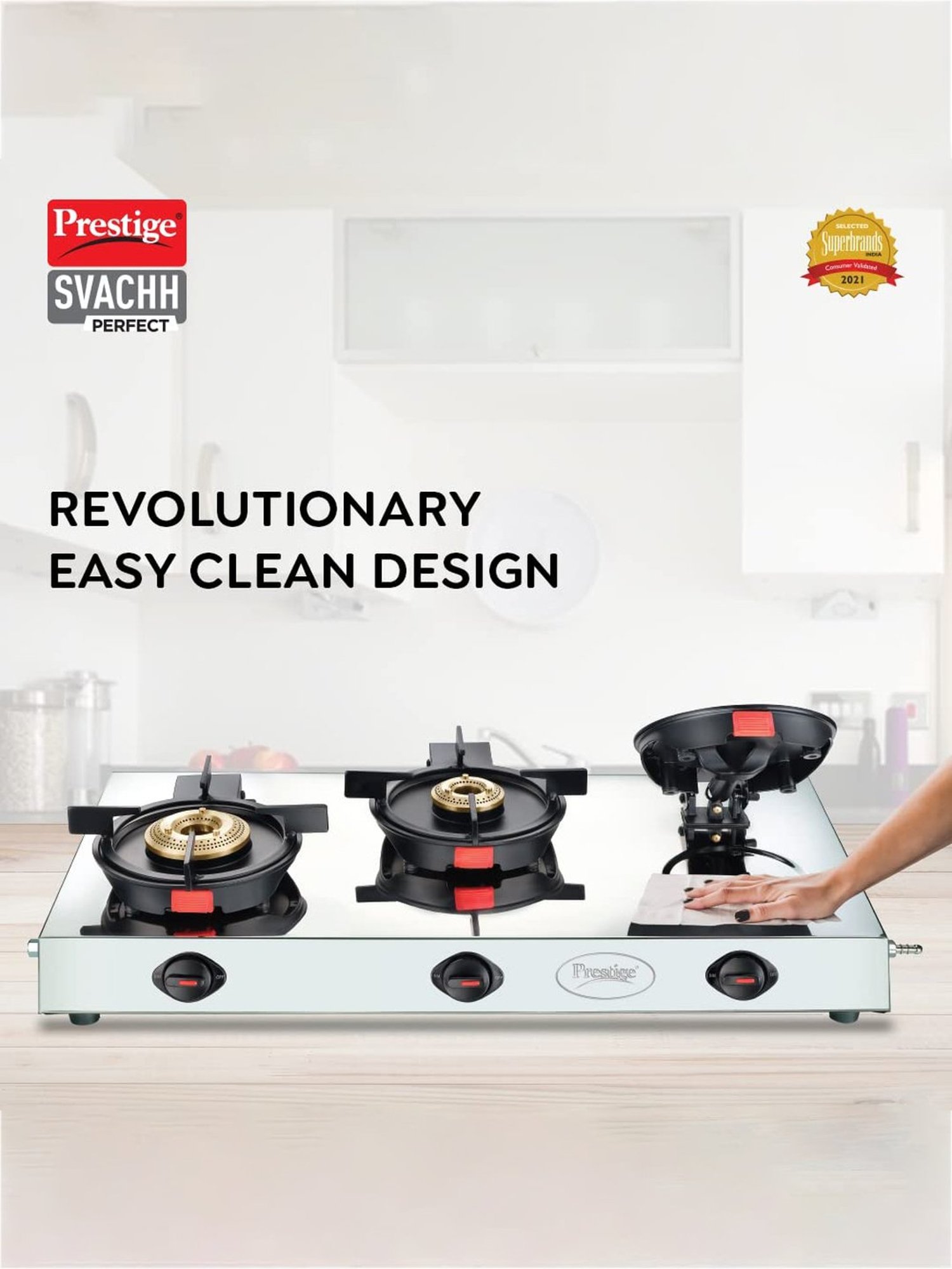 Prestige Svachh Perfect LP Silver & Black Stainless Steel Gas Stove With Liftable 3 Burners