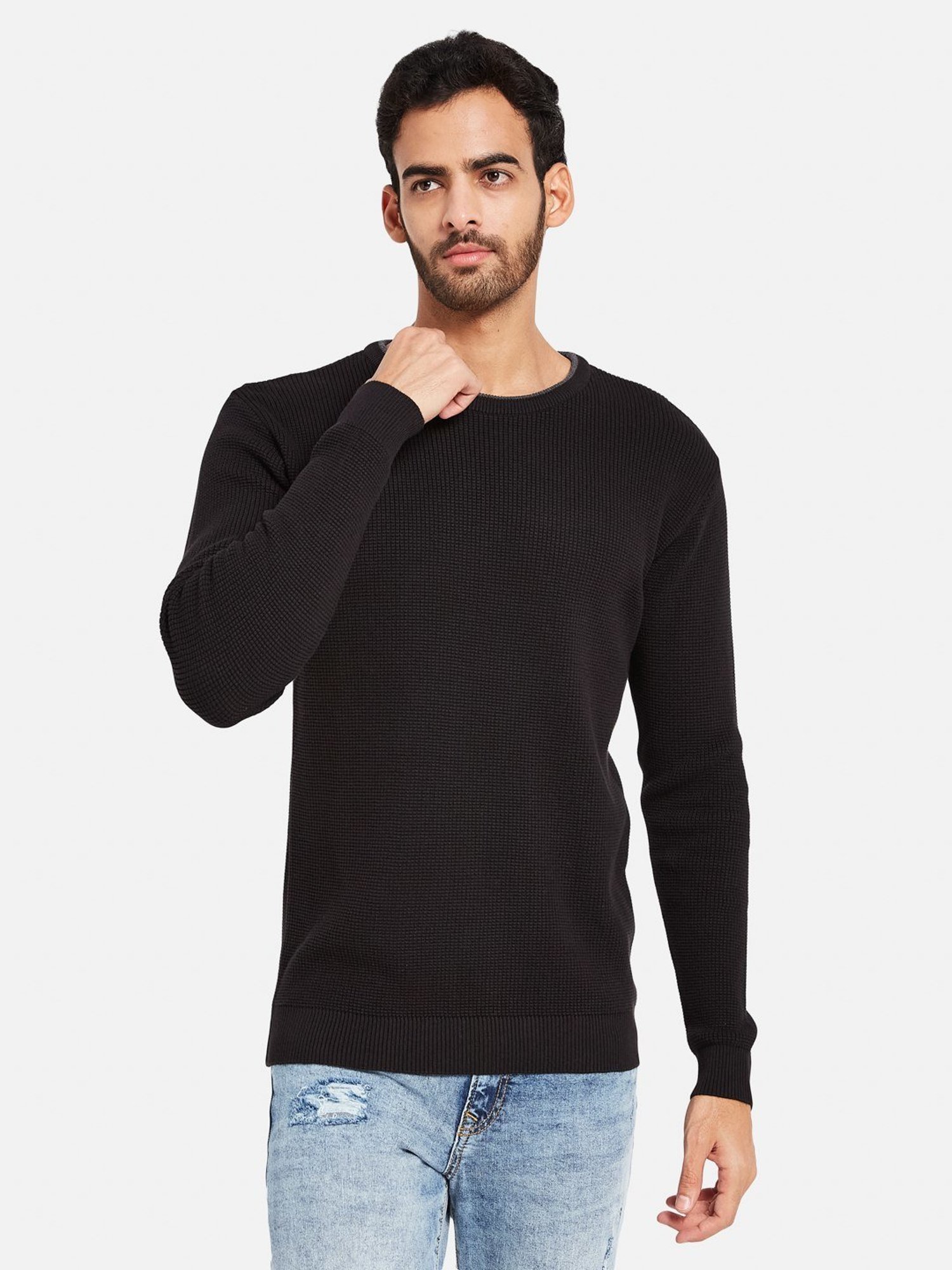METTLE Black Cotton Regular Fit Sweater