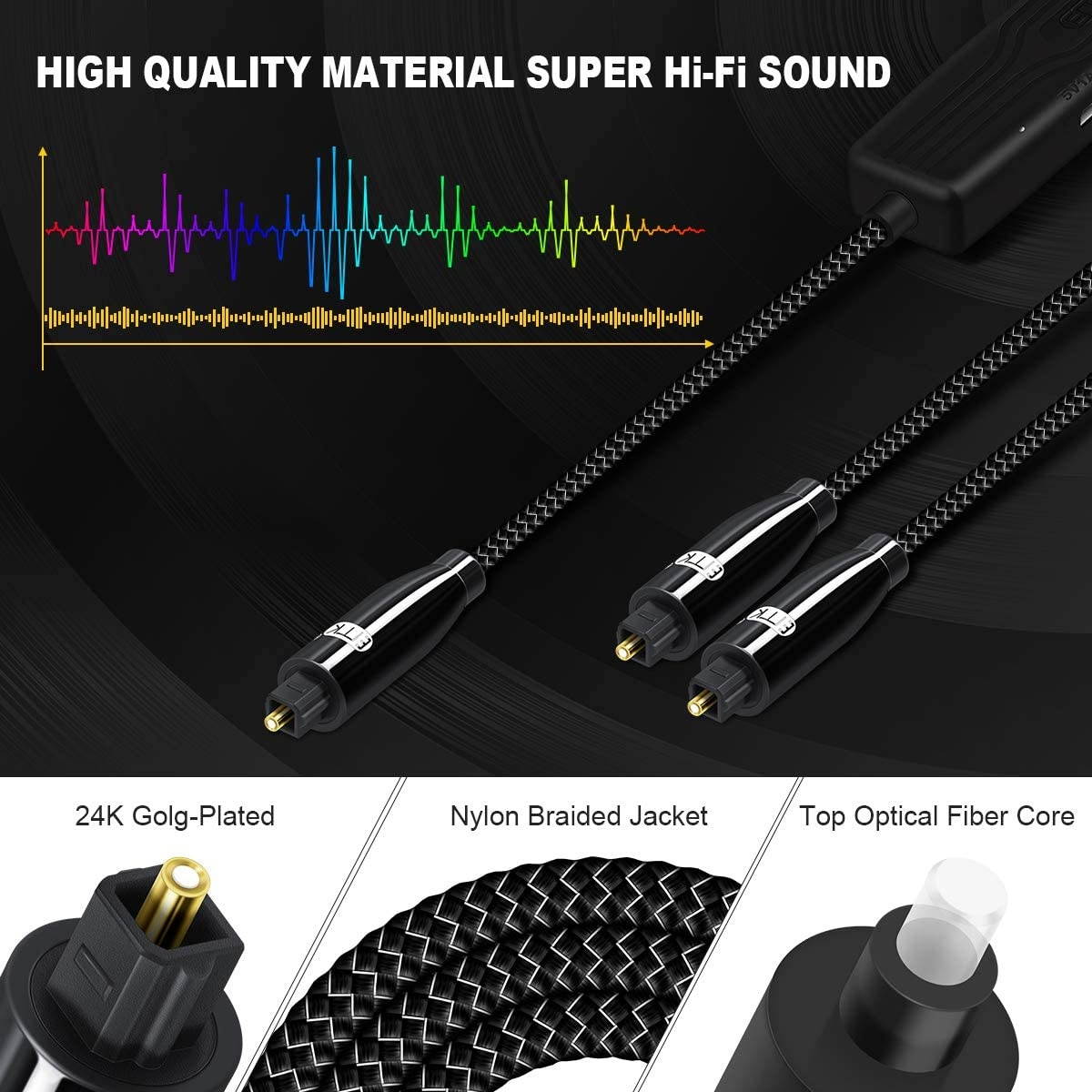 Toslink Optical Splitter Cable Fiber Optic Digital Cable Supports 1 Input to 2 outputs Nylon Braided Upgrade Style No Loss Signal Fast Transmission 1 is Equal to 2 Optical Splitter Cable (3ft&5ft)