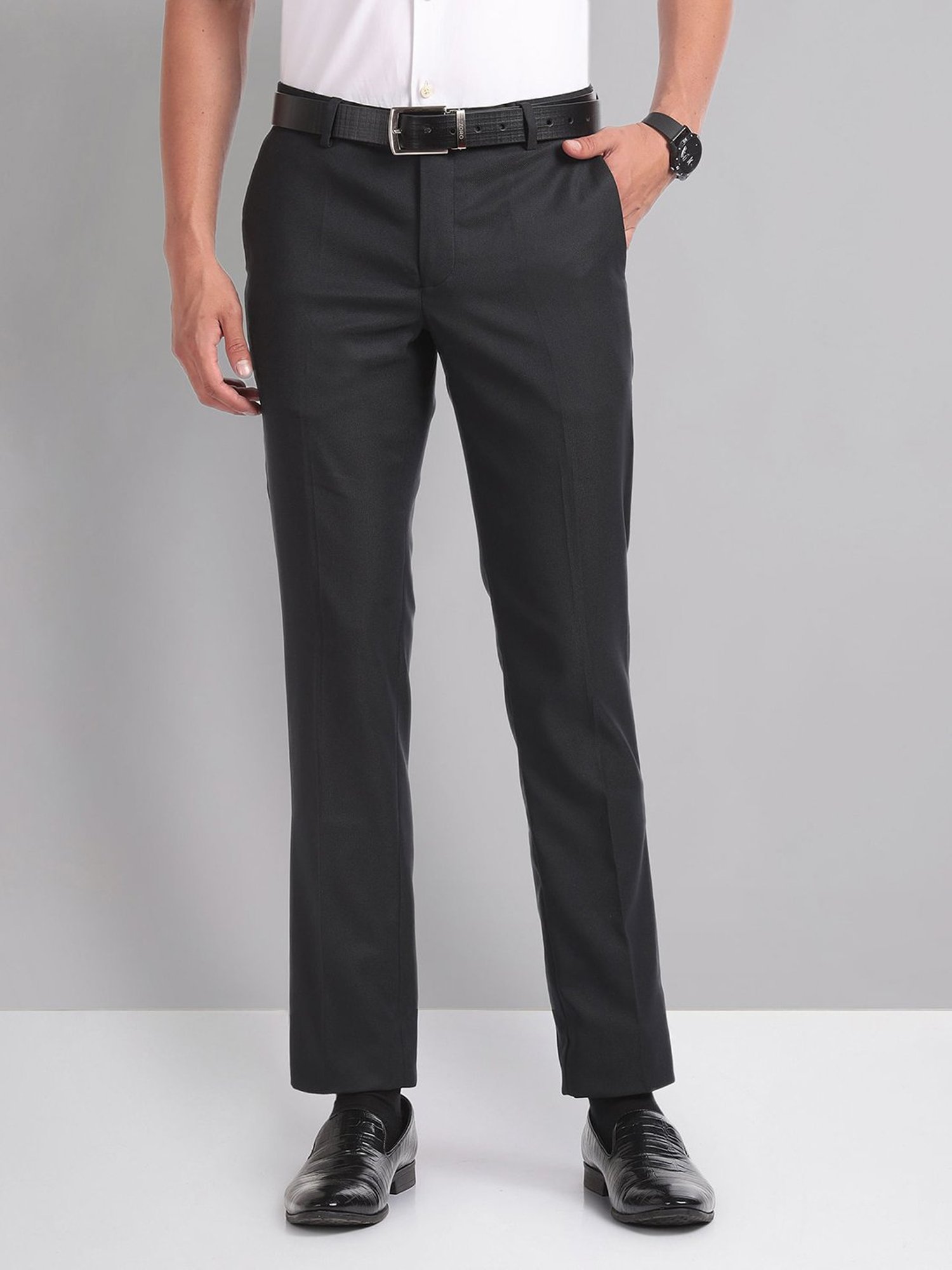 AD by Arvind Navy Slim Fit Flat Front Trousers