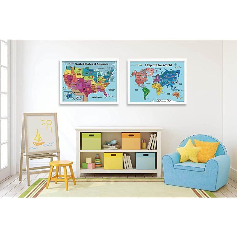 USA Wall Map amp Kids World Map for Kids Wall Laminated Maps for Kids 2 Classroom Posters Perfect for Map Art 18x24 Laminated 2 Wall Maps Included