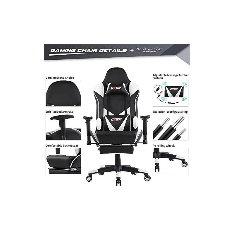 Gaming Chair Racing Chair PU Leather Ergonomic High-Back Adjustable Height Professional E-Sports Chair with Footrest and Lumbar Pillows (White)