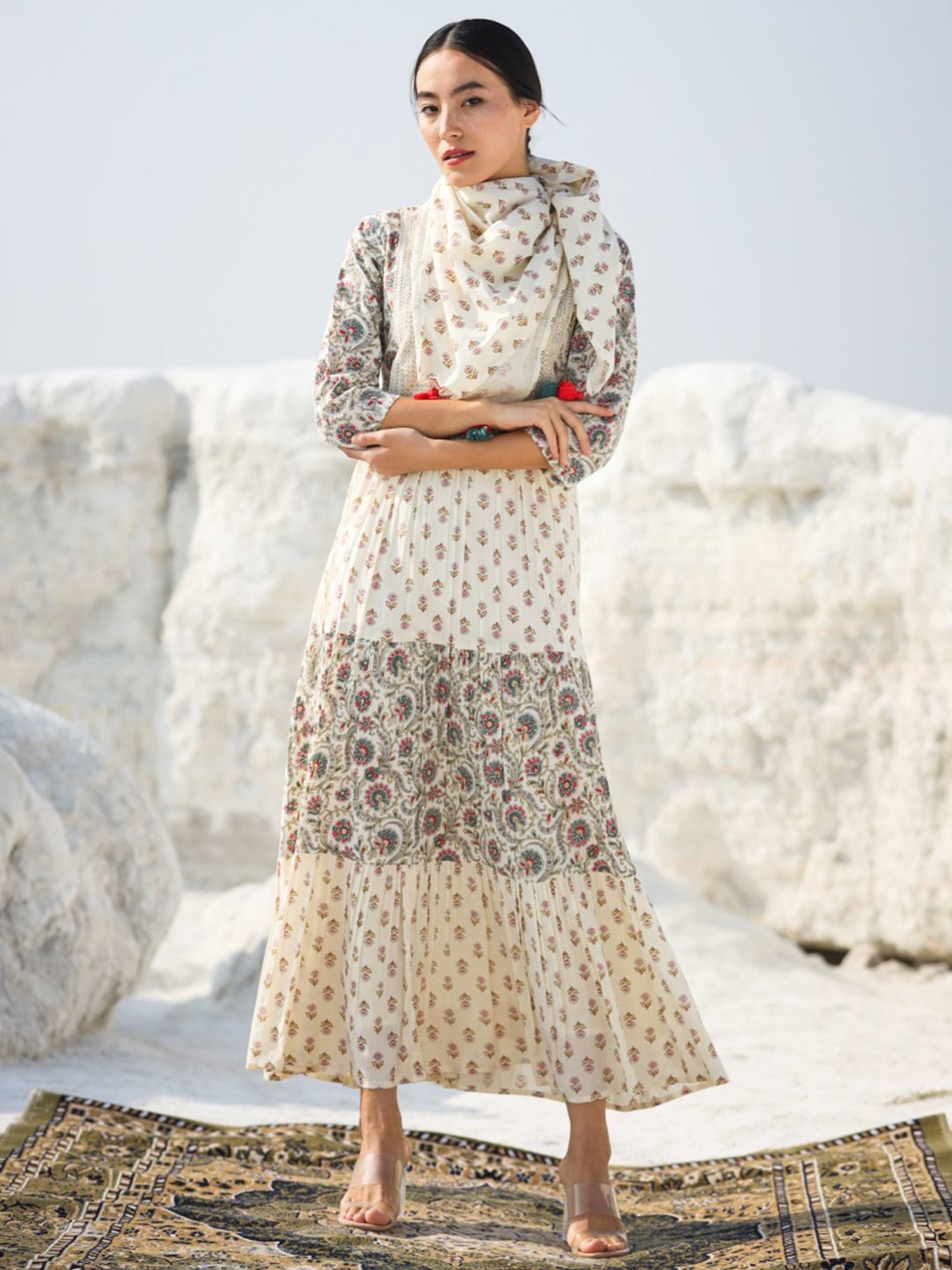 Zolo Label Off-White Cotton Embroidery A-Line Dress With Scarf