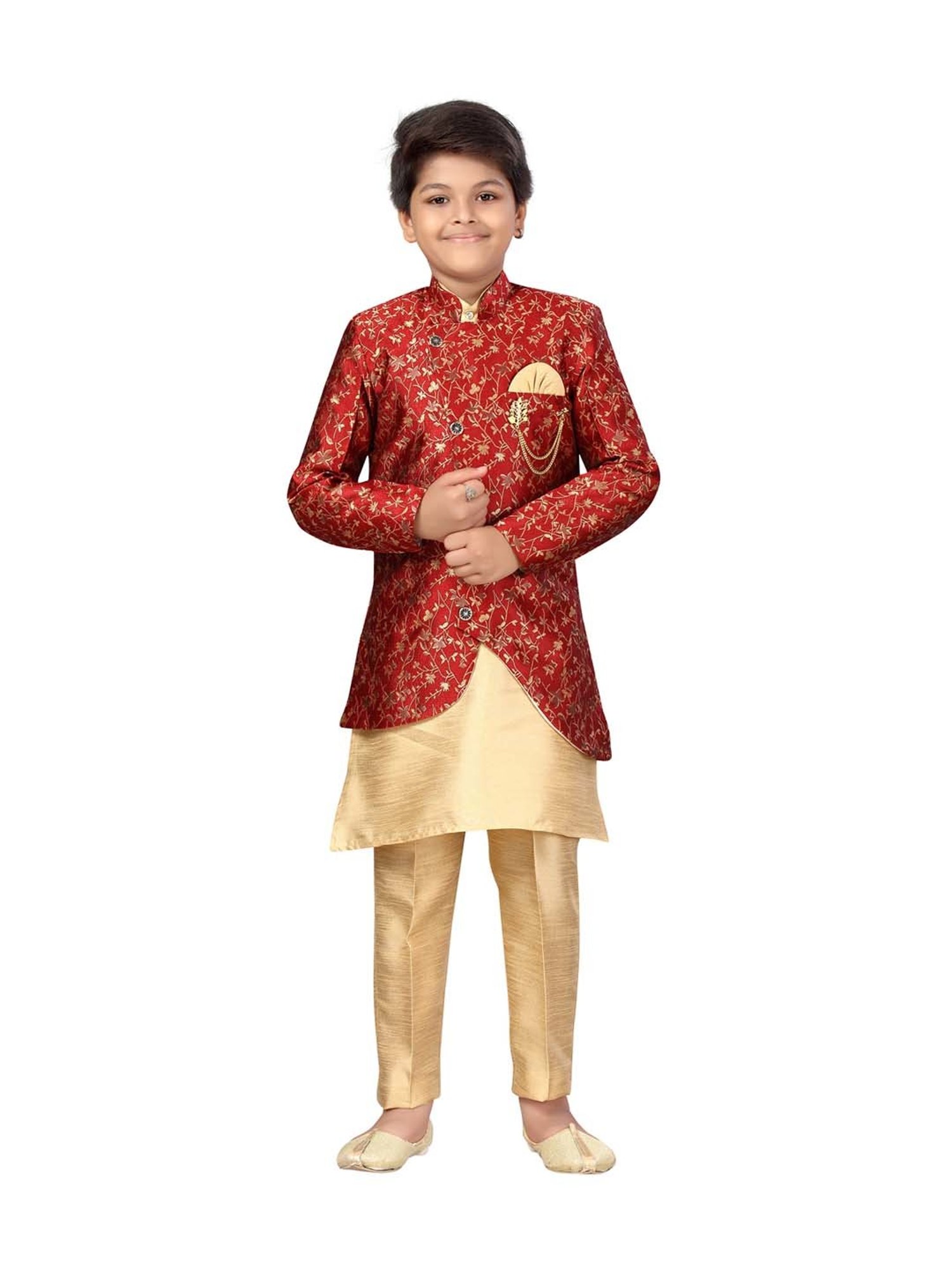 Ahhaaaa Kids Red & Golden Cotton Floral Print Full Sleeves Kurta Set