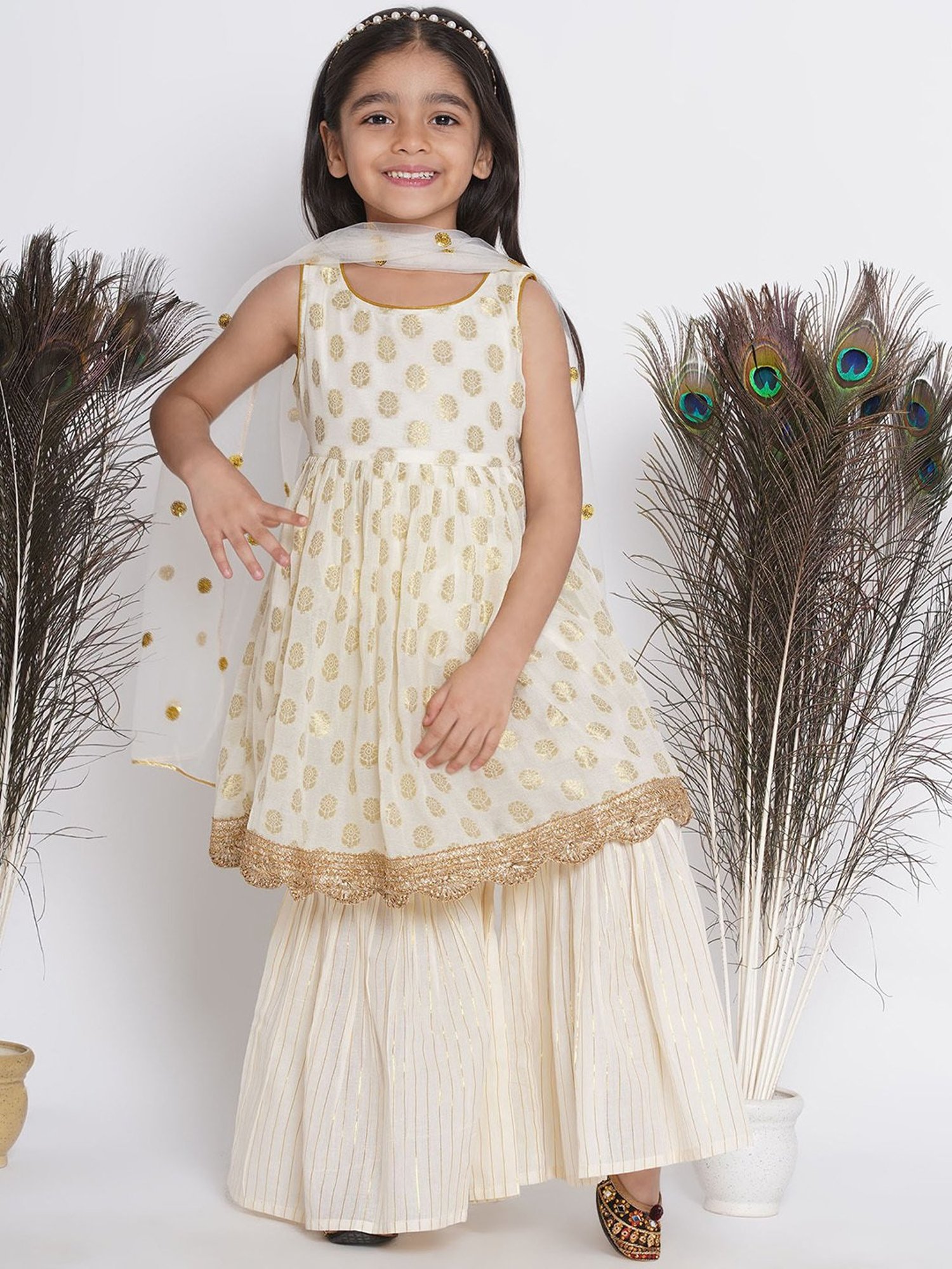 Little Bansi Kids Cream Floral Print  Kurta, Sharara, with Dupatta