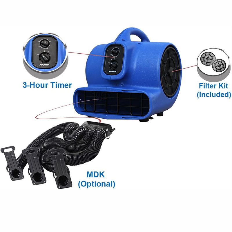 XPOWER X-430TF-MDK Dog Pet Grooming Hands Free No Heat 3 Cage Dryer with Adjustable Timer and Multi Cage Drying Flexible Hose Kit, Blue