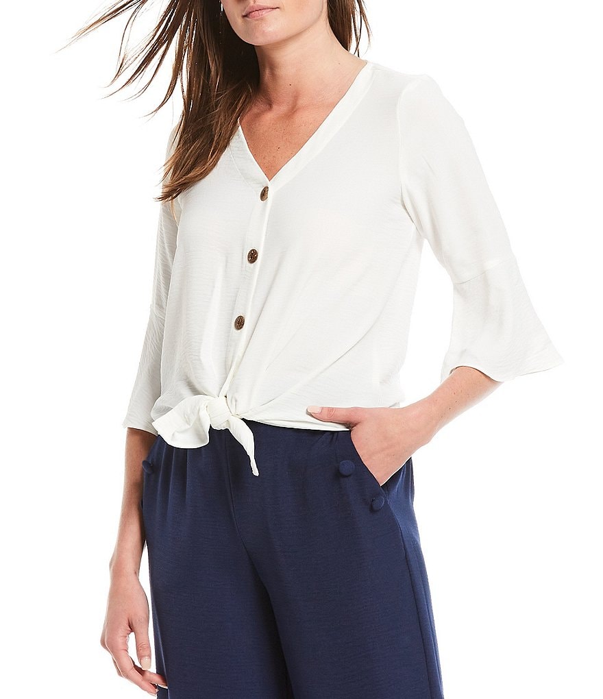 I.N. Studio Petite Size Crosshatch V-Neck 3/4 Bell Sleeve Button Down Tie-Front Top