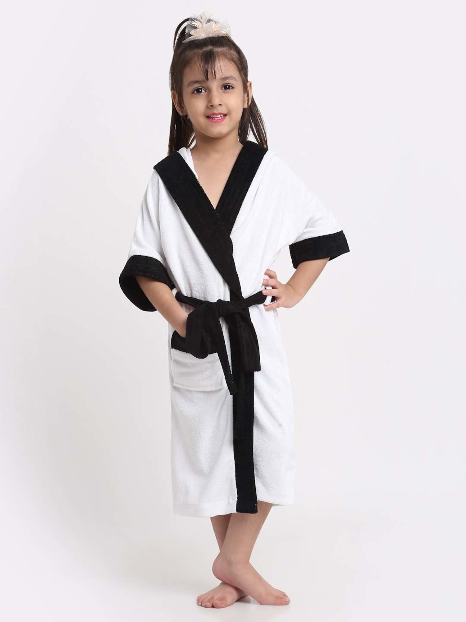 Creeva Melodious Black & Turkish Micro Terry 225 GSM Kids Hooded Bathrobe 4-5 Years With Pocket
