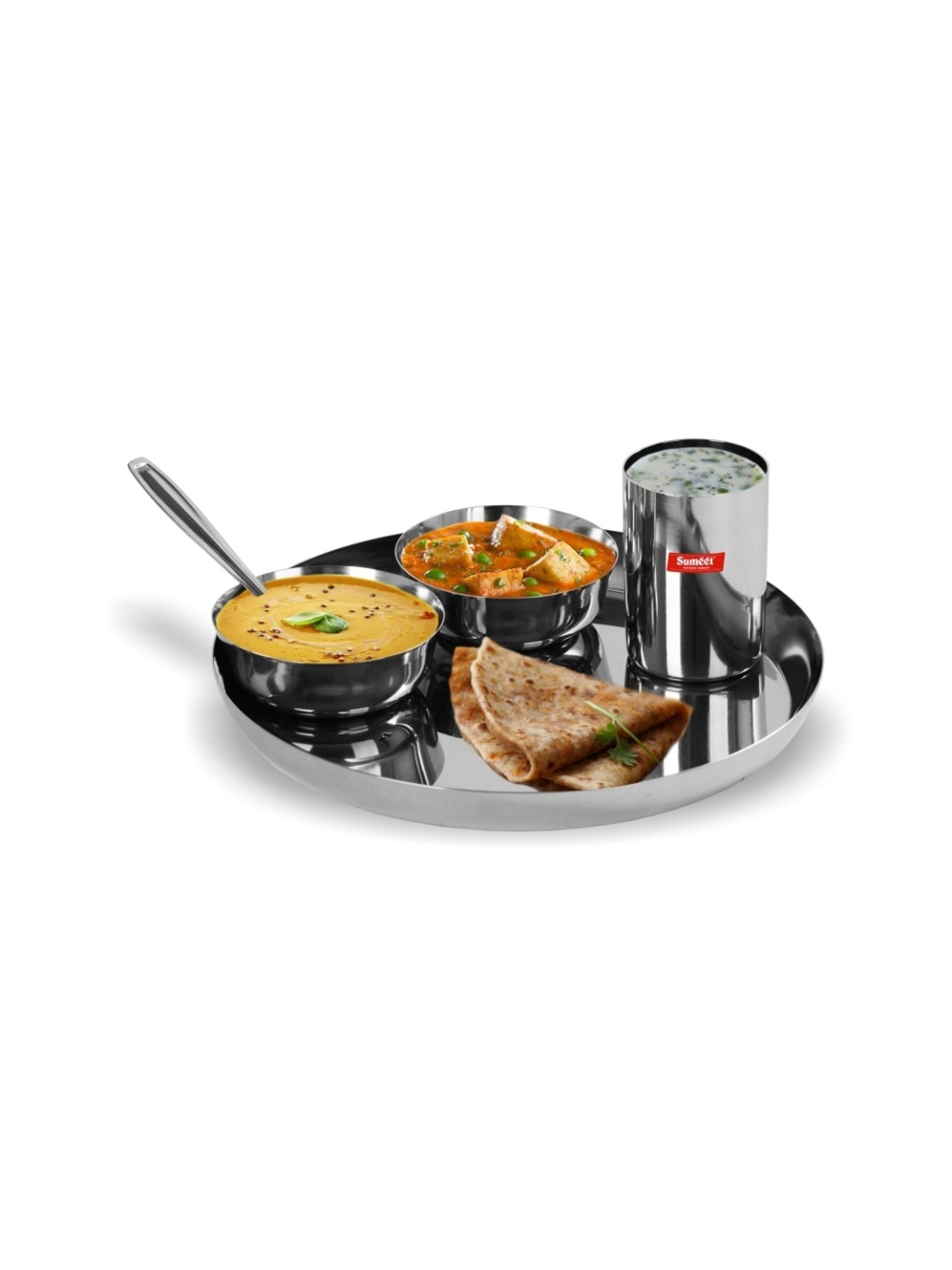 Sumeet S.S.Heavy Gauge Mirror Finish Buffet set/Dinner Set-5Pc(1 Plate,2 Bowl/Wati,1 Glass,1 Spoon)