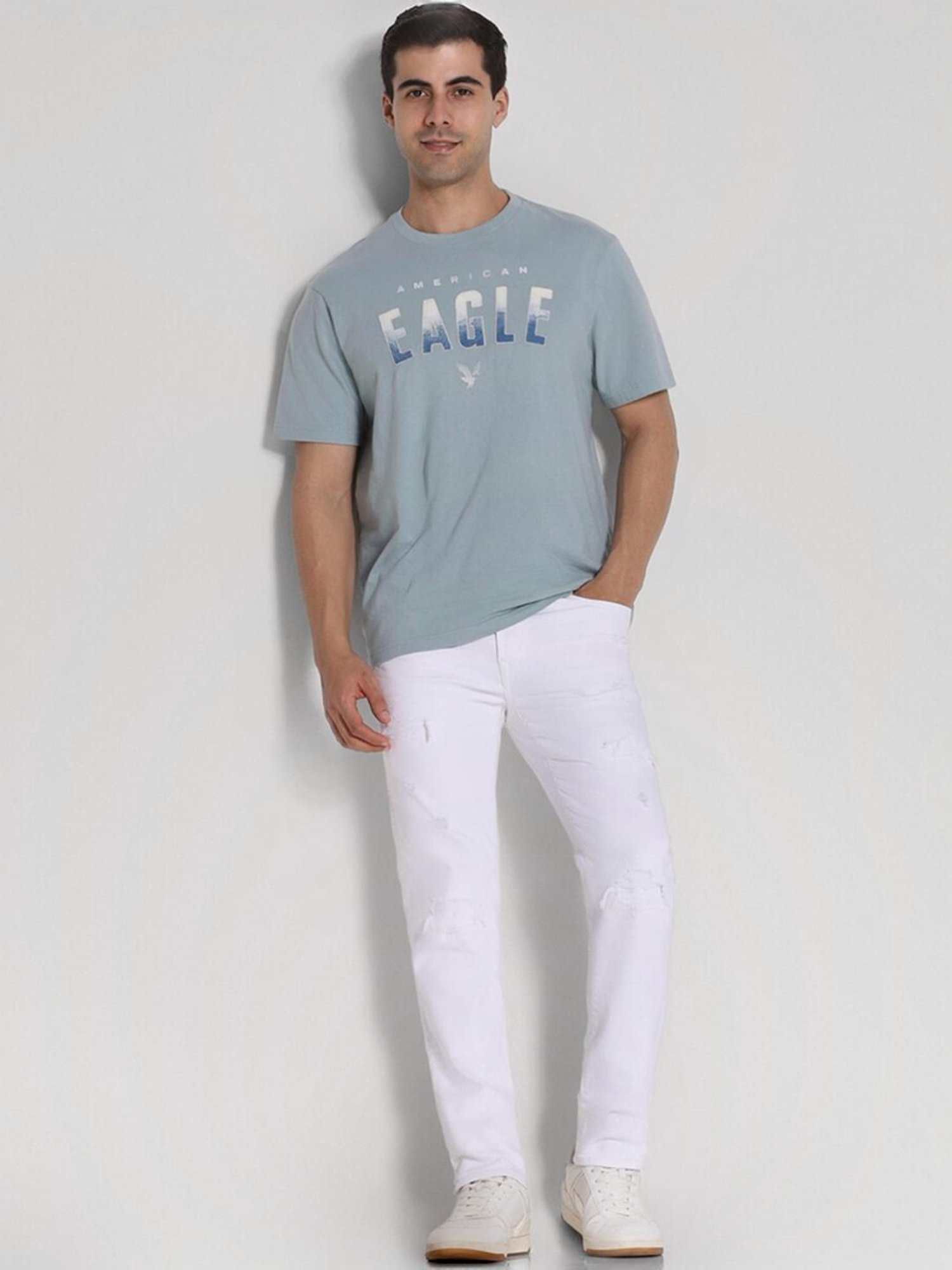 American Eagle Blue Cotton Regular Fit Logo Printed T-Shirt