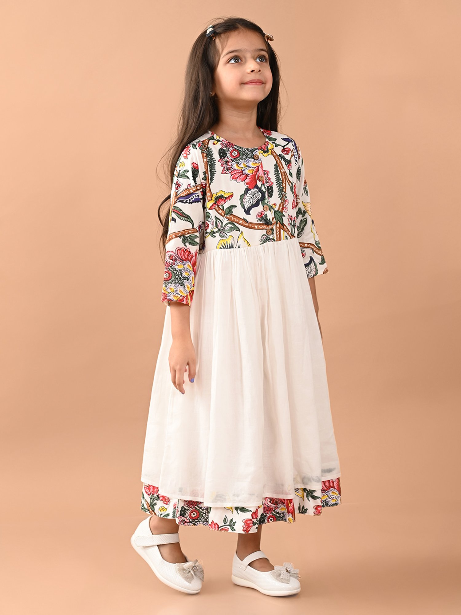 LilPicks Kids White Floral Print Dress