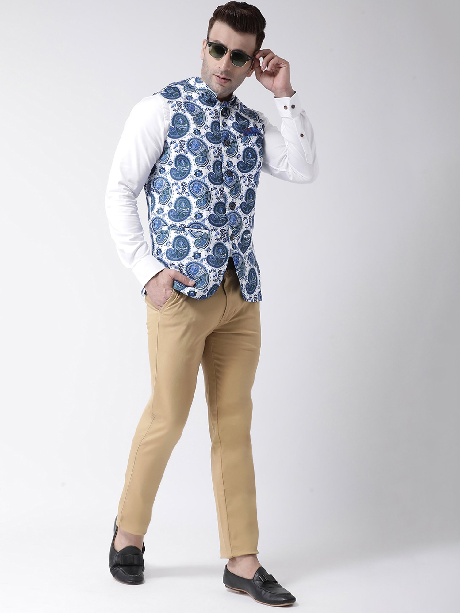 Hangup Plus White Regular Fit Printed Nehru Jacket