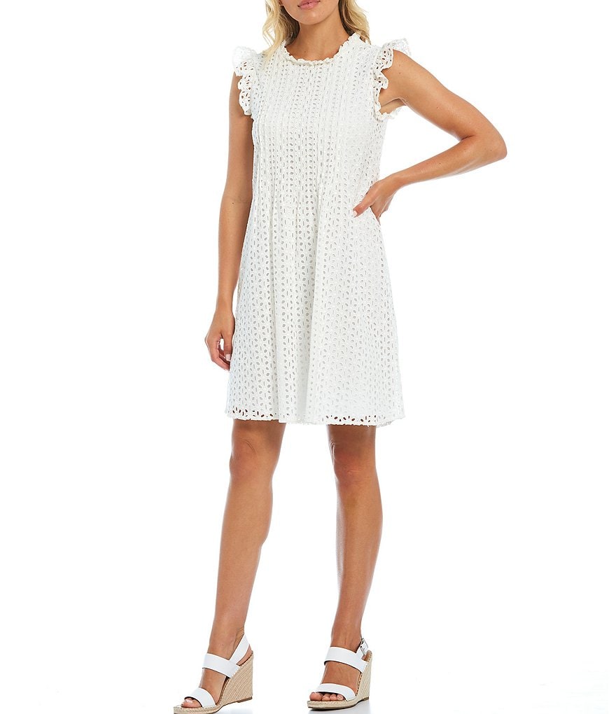 Kensie Ruffle Neck & Shoulder Embroidered Cotton Shift Dress