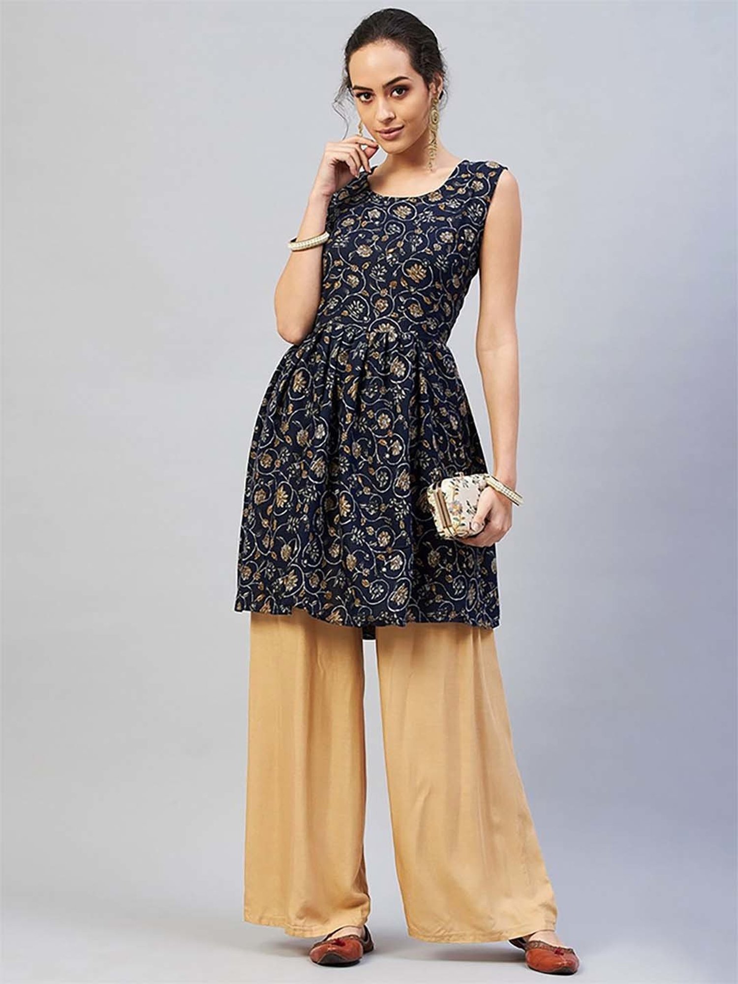 Inweave Blue Floral Print A Line Kurti