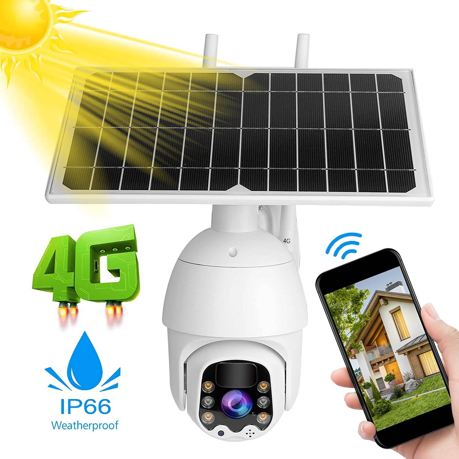 1080P HD Solar 4G Camera PTZ Security Camera Pan 355&deg;, Tilt 120&deg; Full Color Night Vision, IP66 Waterproof, PIR Motion Detection Alarm for Public/Home Security(US)