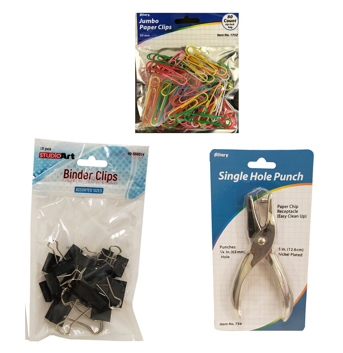 Set of 3 Office Supply Single Hole Punch  80pcs Paper Clip  15pcs Binder Clip
