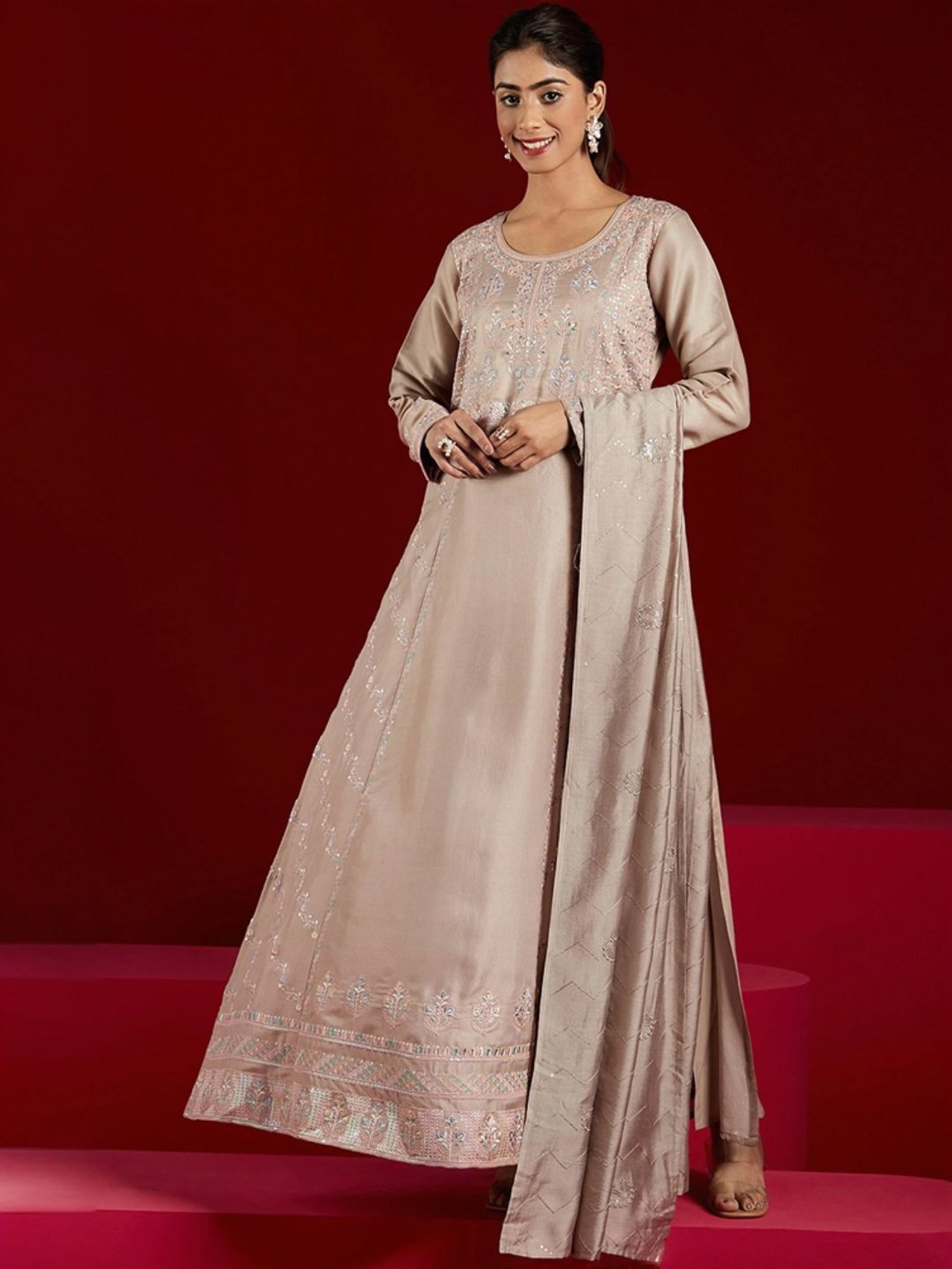 Libas Art Beige Embroidered Kurta Pant Set With Dupatta