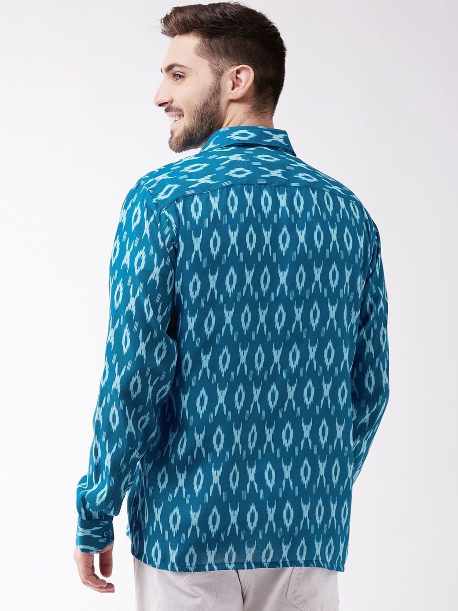 Vastramay Turquoise Cotton Straight Fit Printed Shirts