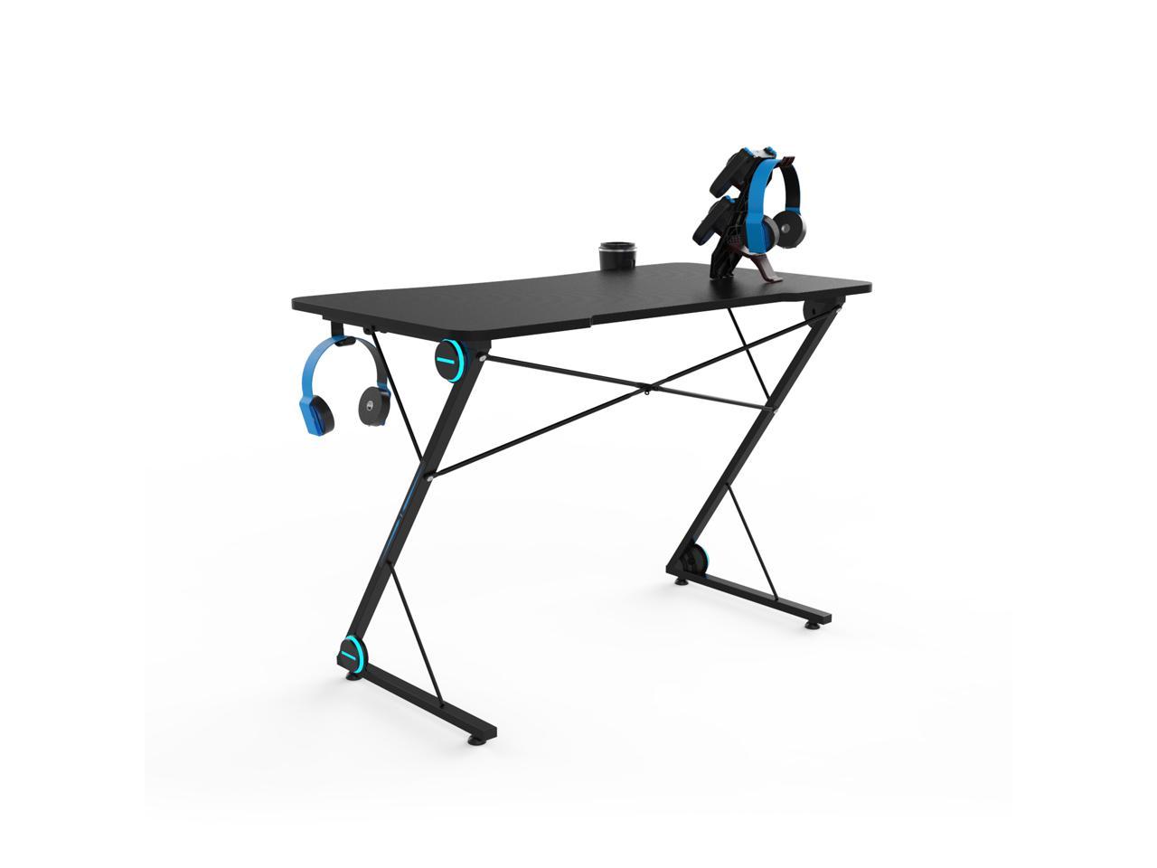 43 Inch Gaming Desk Racing Style PC Computer Desk Z-shaped Table Home Office Desk with Large Carbon Fiber Surface, Free Mouse Pad, Headphone Hook, Gaming Handle Rack and Cup Holder (Black)