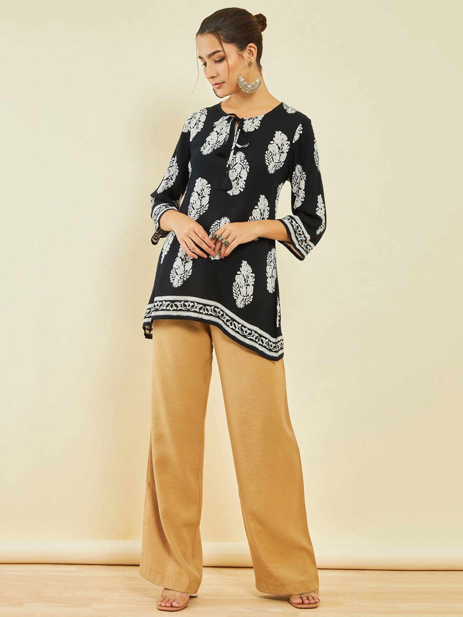 Soch Black Crepe Floral Print Round-Neck Tunic with Vented Hemline