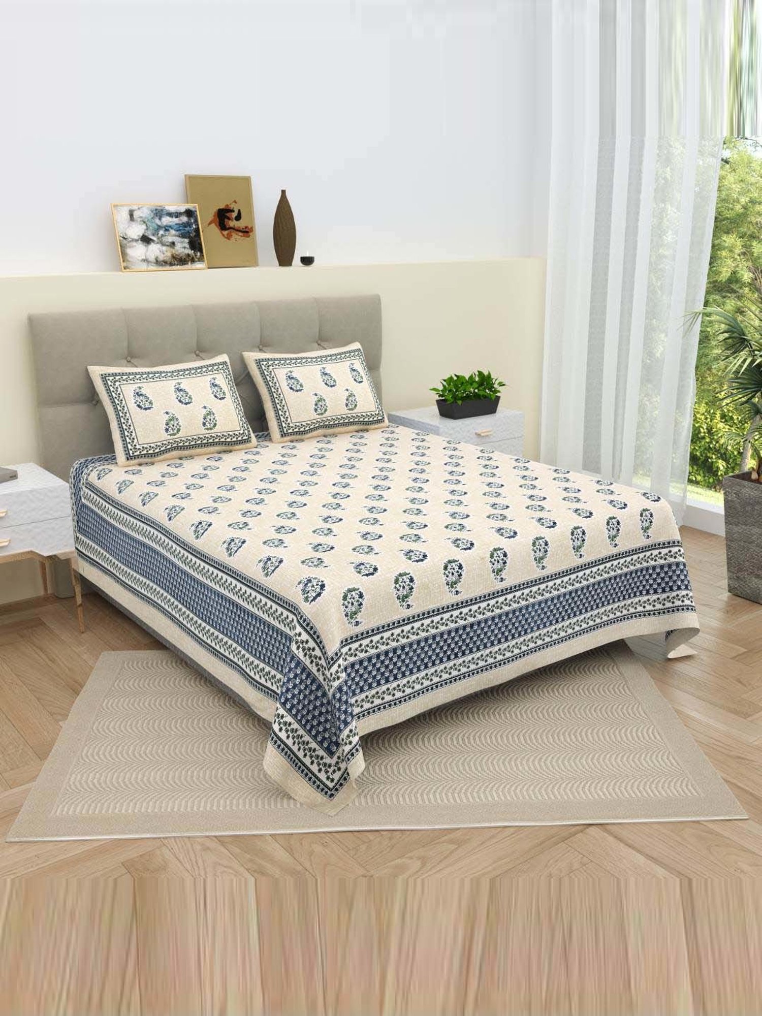 Bella Casa Ethnic Collection Blue Cotton 180 TC Bedsheet with 2 Pillow Covers