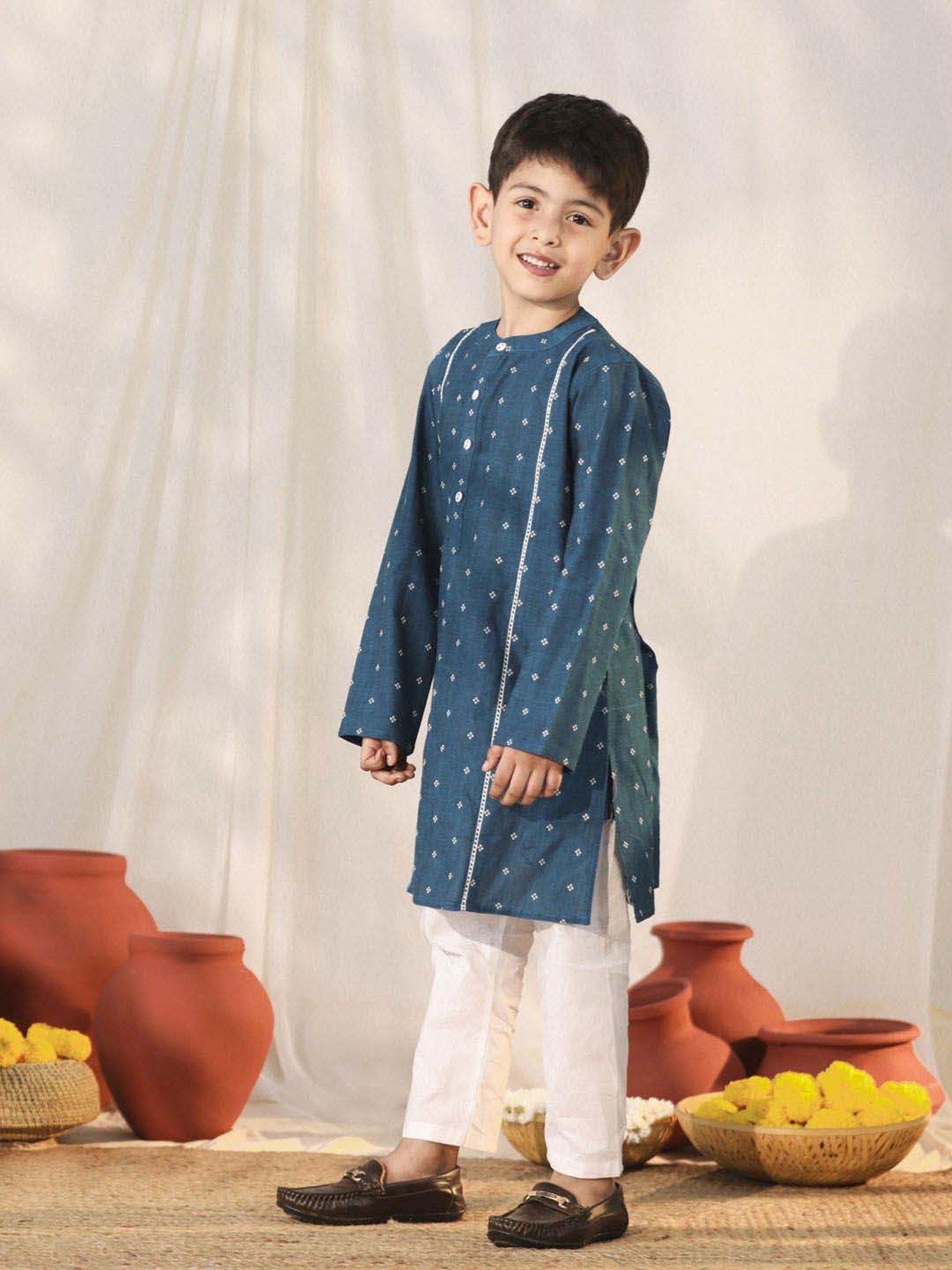 VASTRAMAY Boys Turquoise Cotton Self Full Sleeves Kurta Sets