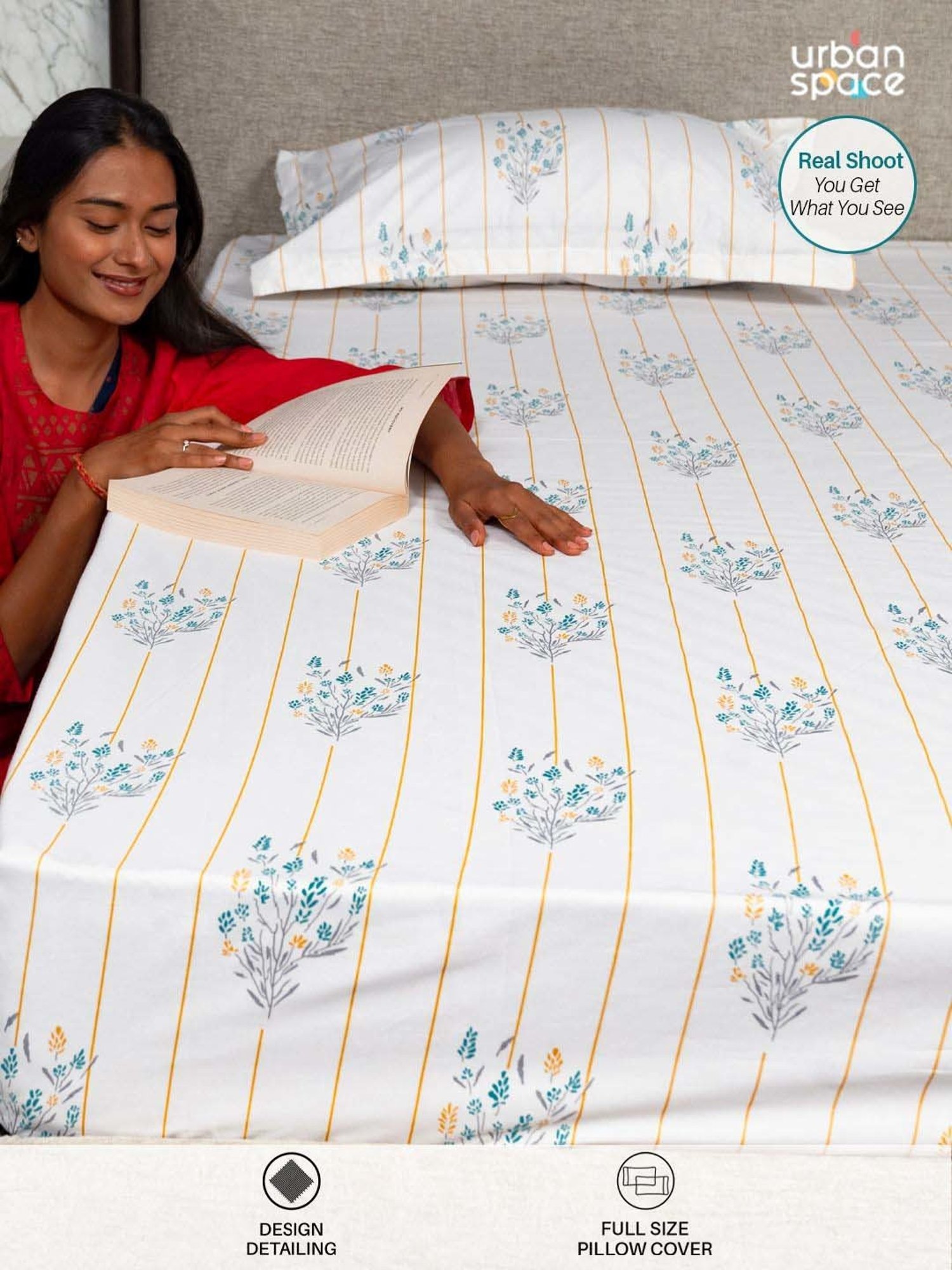 Urban Space White & Yellow Cotton 200 TC Single Bedsheet with 1 Pillow Cover